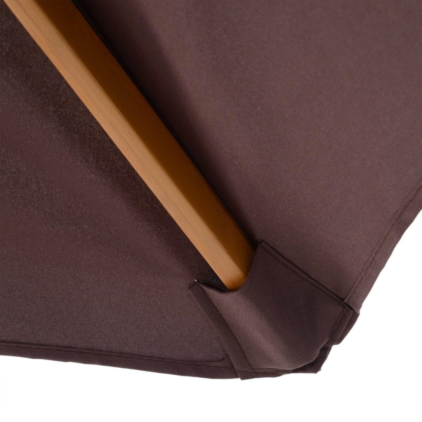 Close-up of coffee brown wooden garden parasol fabric and frame from ALL4U RETAILER LTD