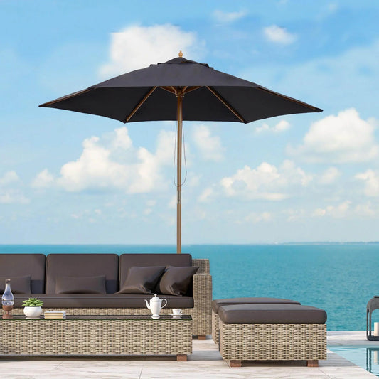 Black wooden garden patio parasol umbrella with rattan sofa set by the sea, ALL4U RETAILER LTD