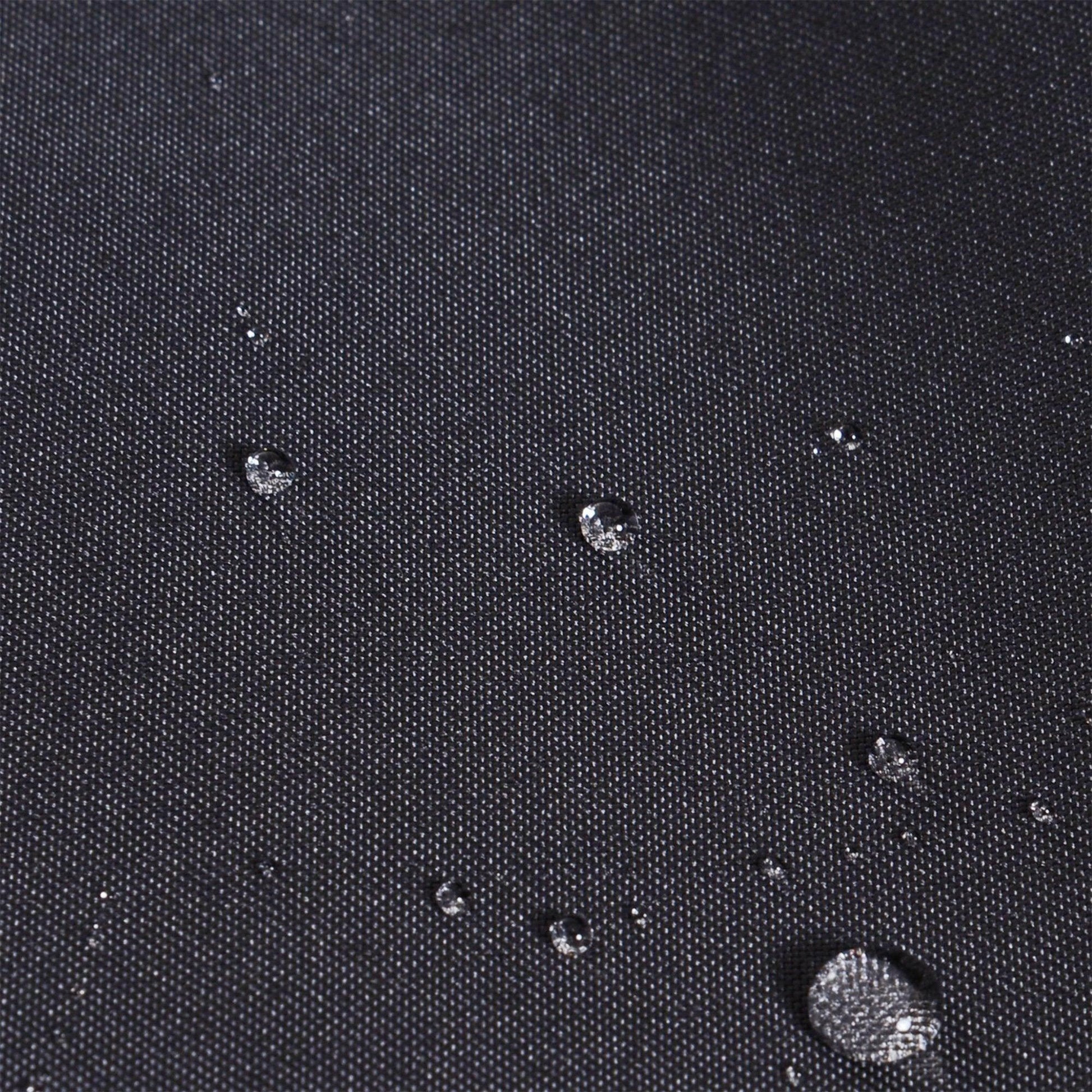 Close-up of water droplets on black waterproof patio umbrella fabric