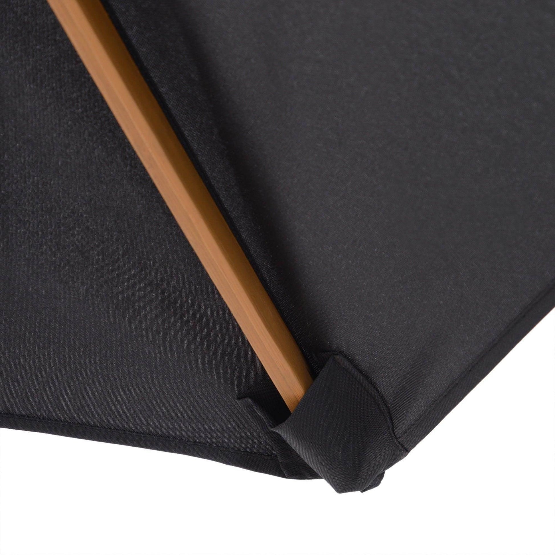 Close-up of a black garden patio parasol with a wooden frame from ALL4U RETAILER LTD
