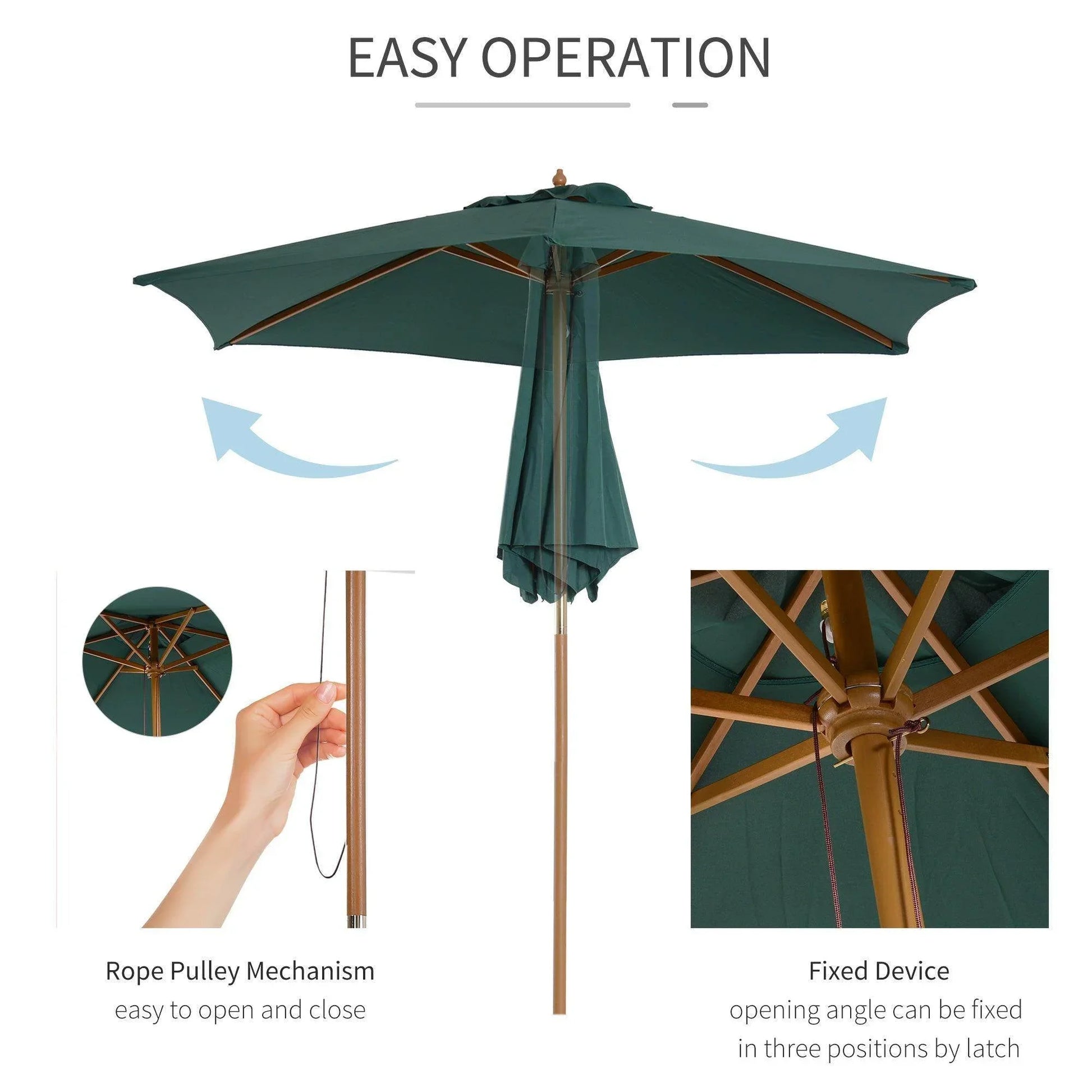 Dark green wooden garden patio parasol umbrella with rope pulley and fixed latch, ALL4U RETAILER LTD