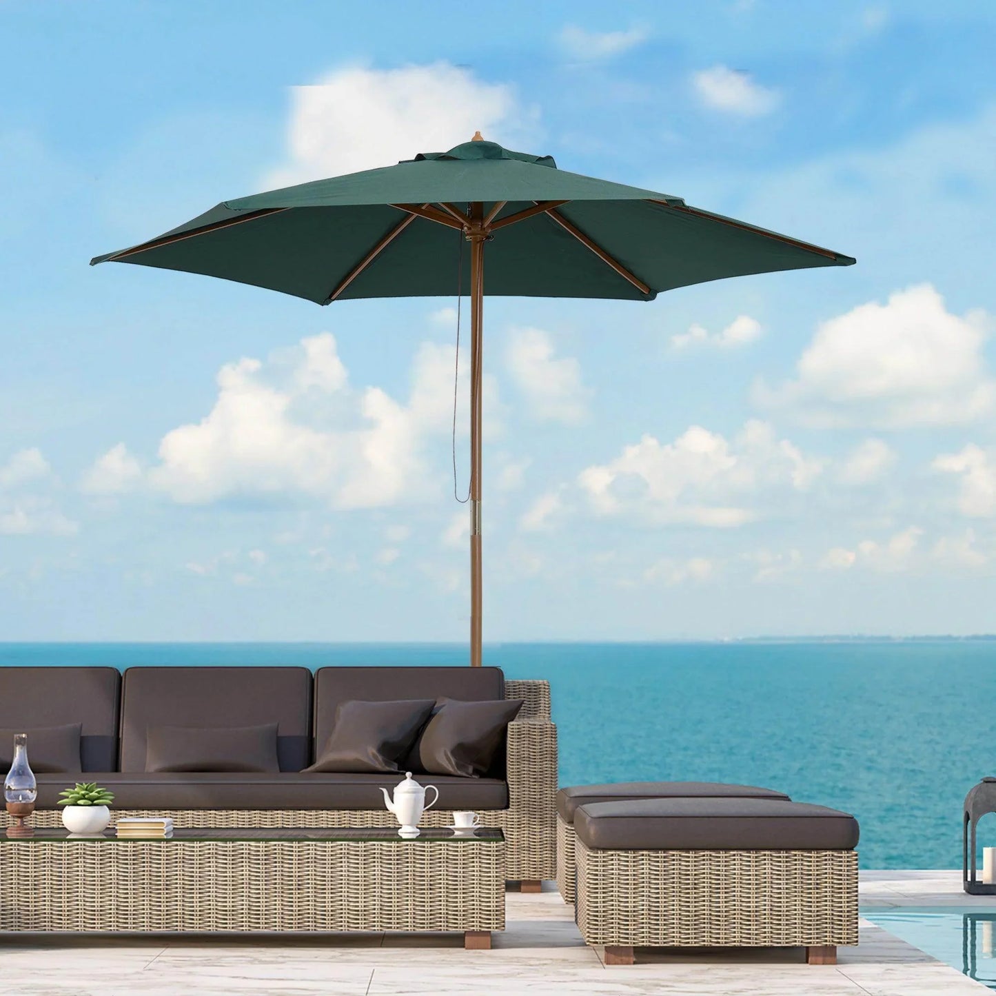 Dark green wooden garden patio parasol umbrella with rattan outdoor furniture by the sea