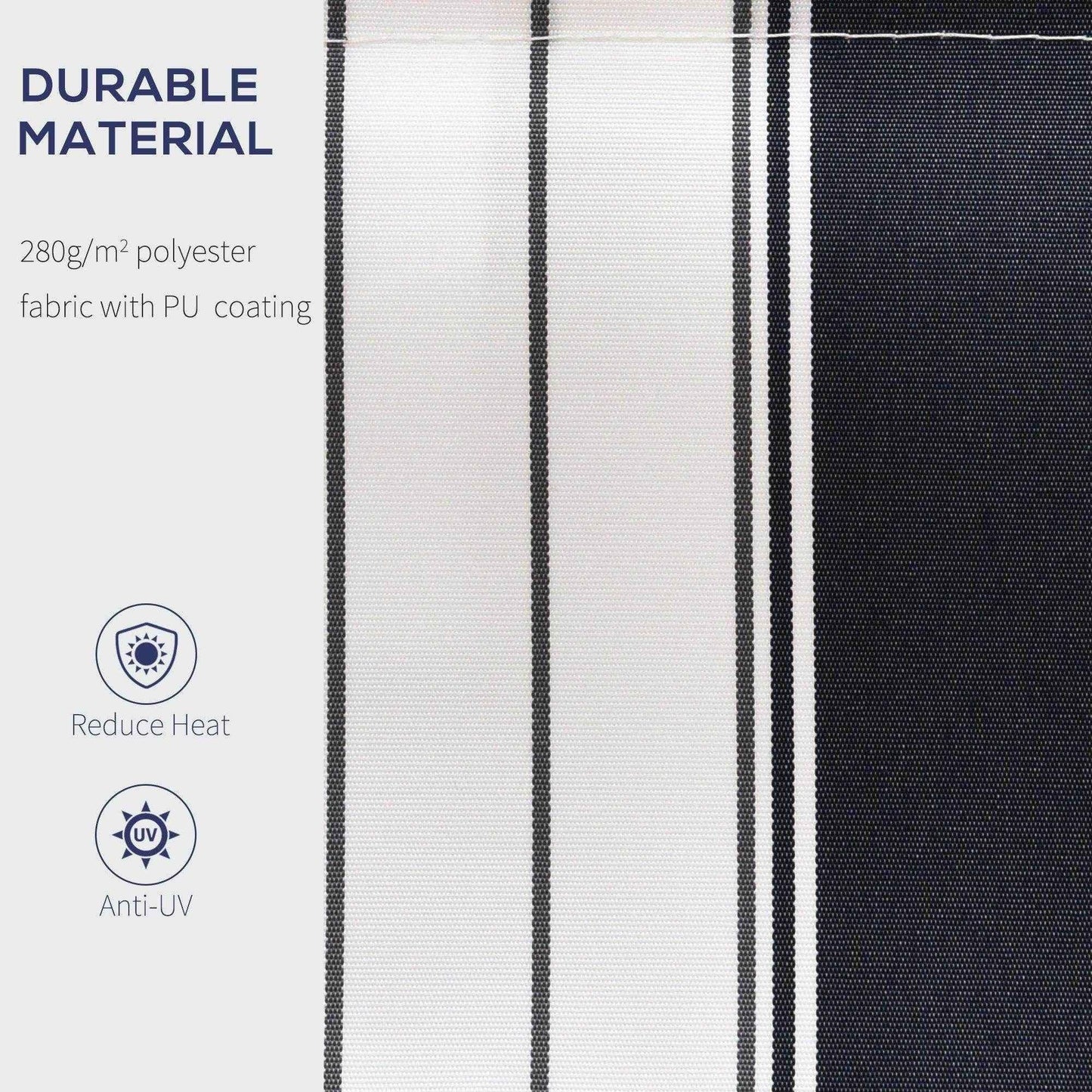 Close-up of blue and white striped polyester awning fabric with PU coating, durable and UV resistant