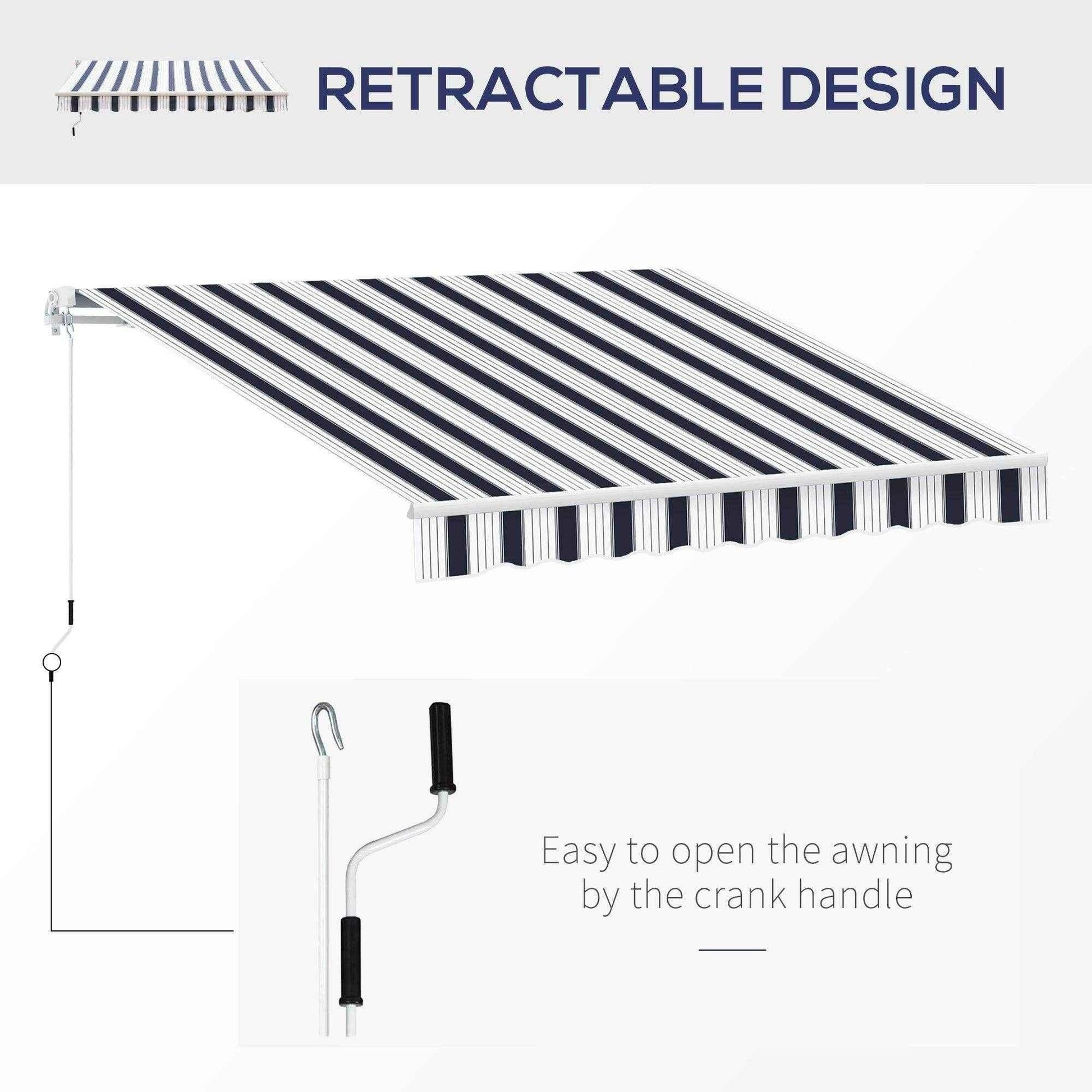 Blue and white striped retractable manual awning with winding crank handle for easy opening