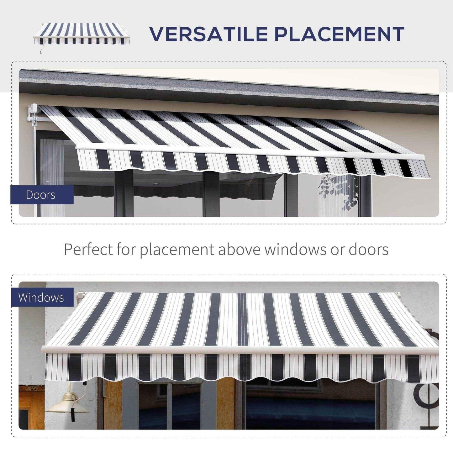 Blue and white striped manual awning over doors and windows, ideal for versatile outdoor shade