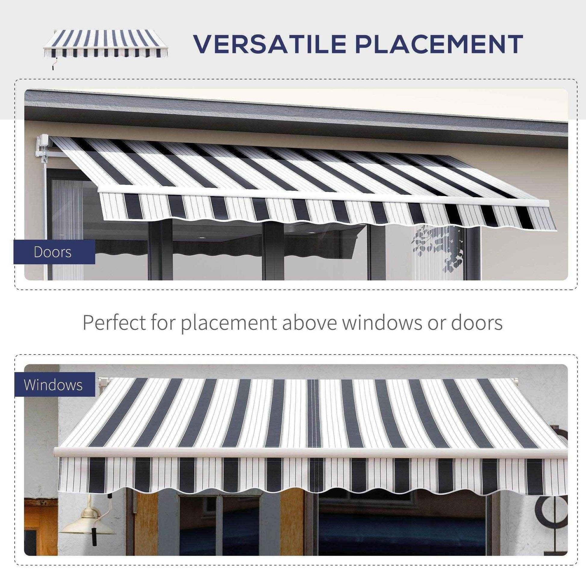 Blue and white striped manual awning over doors and windows, ideal for versatile outdoor shade