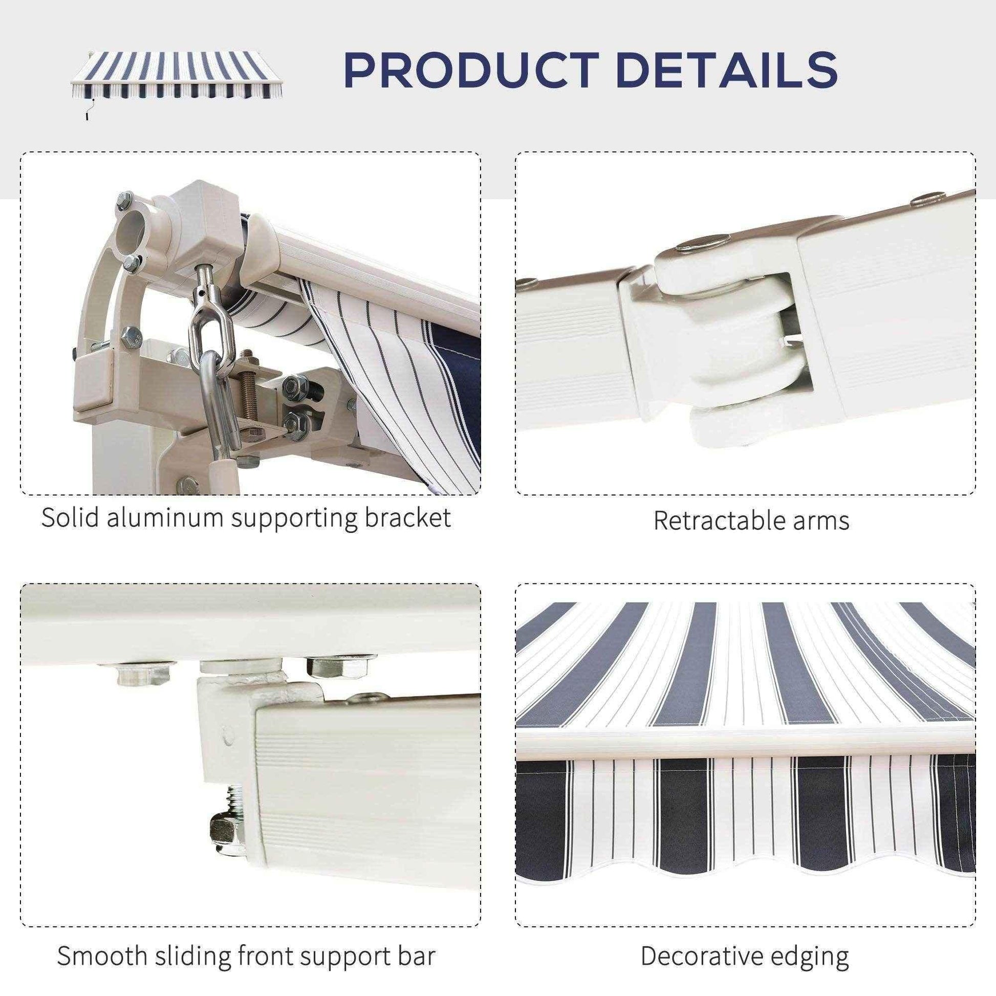 Close-up details of Outsunny blue and white striped manual awning with aluminum bracket, retractable arms, support bar, and decorative edging