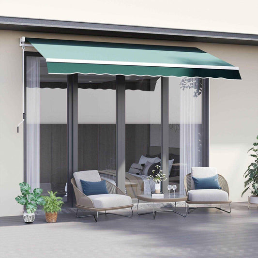 Green manual outdoor awning with winding handle over patio seating area with round table and cushioned chairs