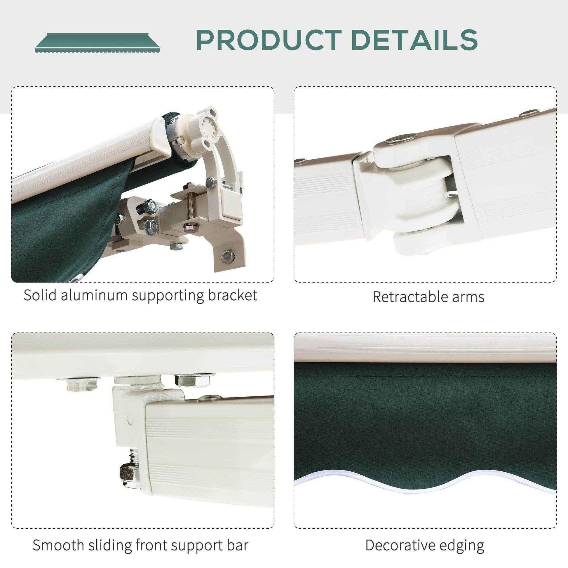 Green retractable manual awning features solid aluminum bracket, smooth support bar, and decorative edge