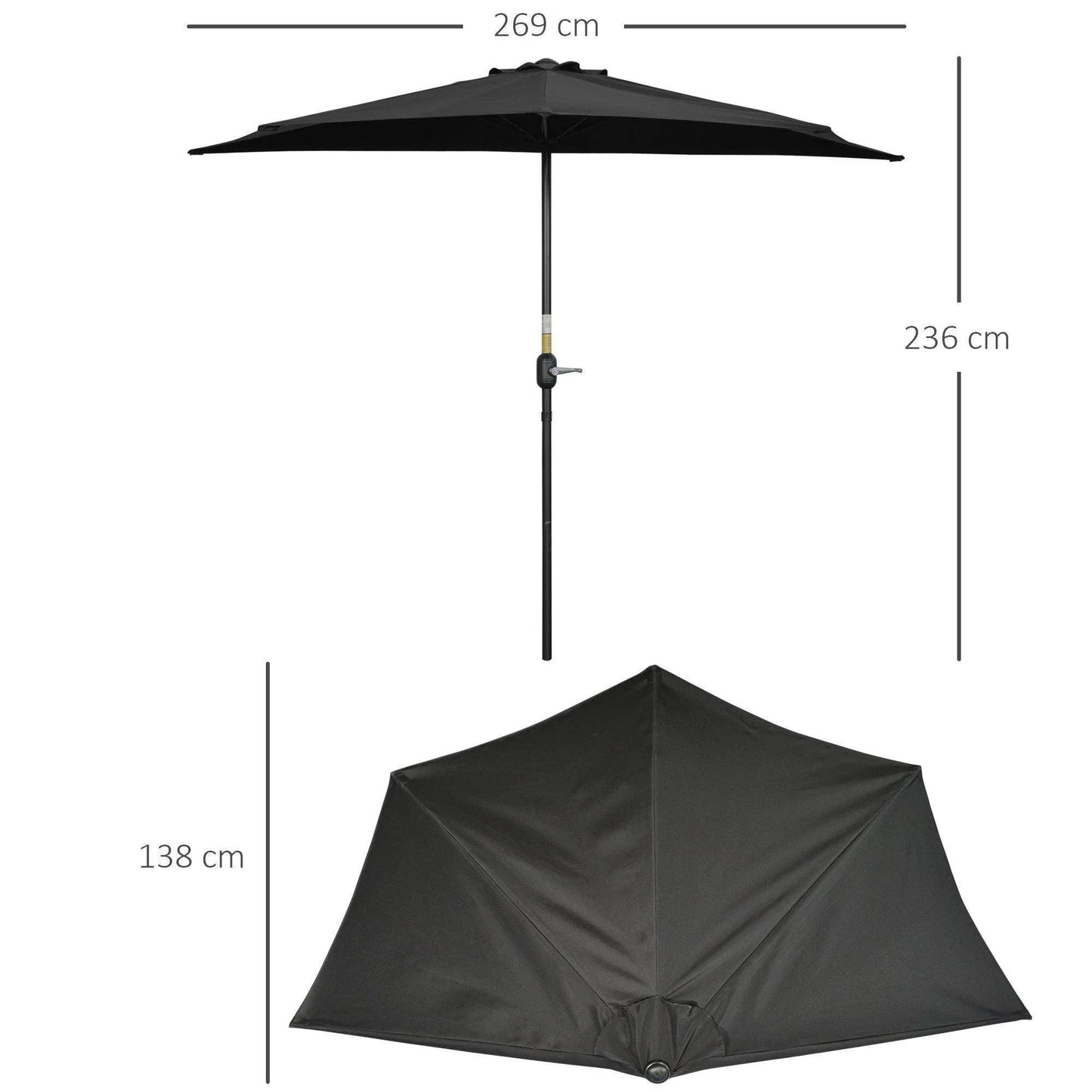 Outsunny 2.7m Half Balcony Umbrella - Black - ALL4U RETAILER LTD