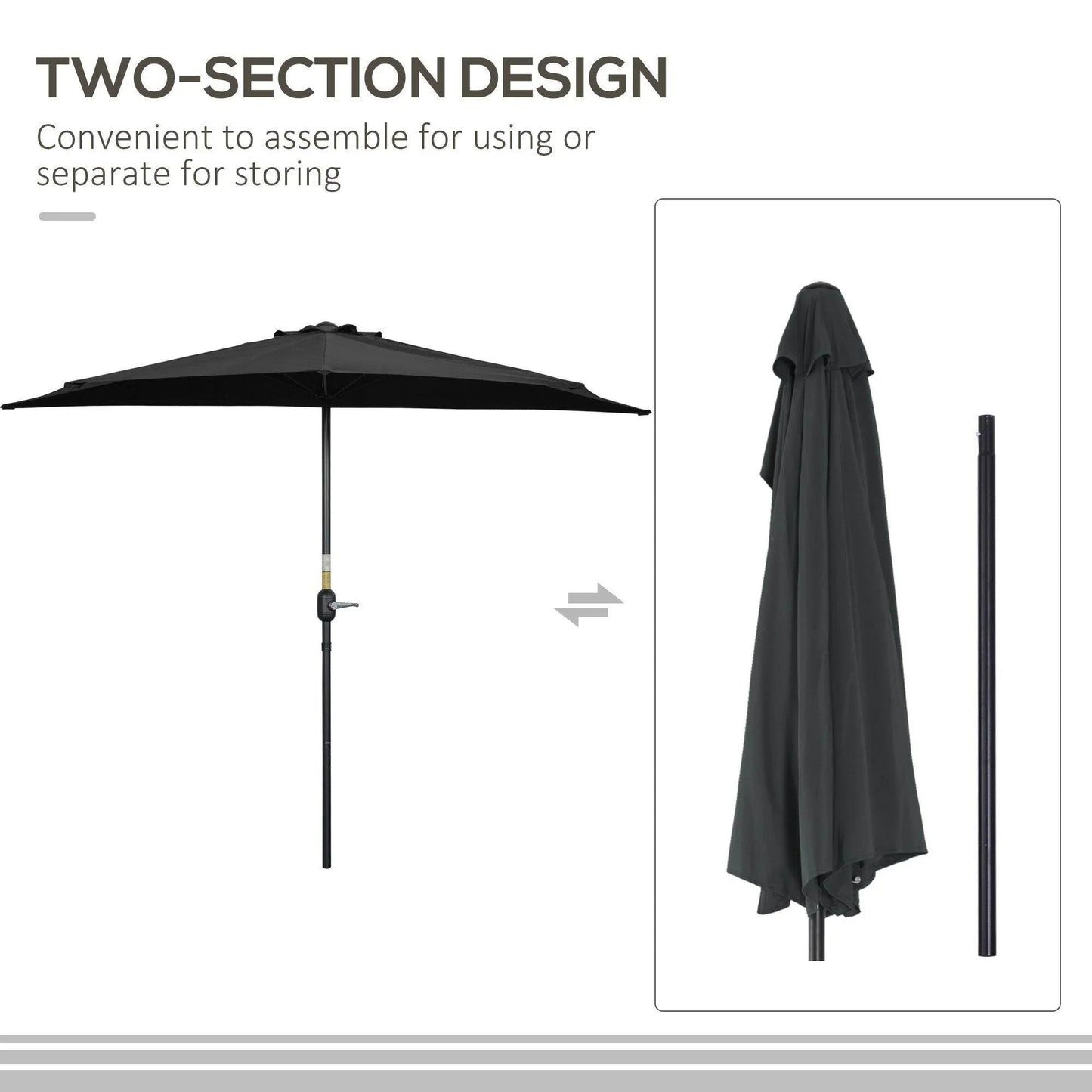 Outsunny 2.7m Half Balcony Umbrella - Black - ALL4U RETAILER LTD