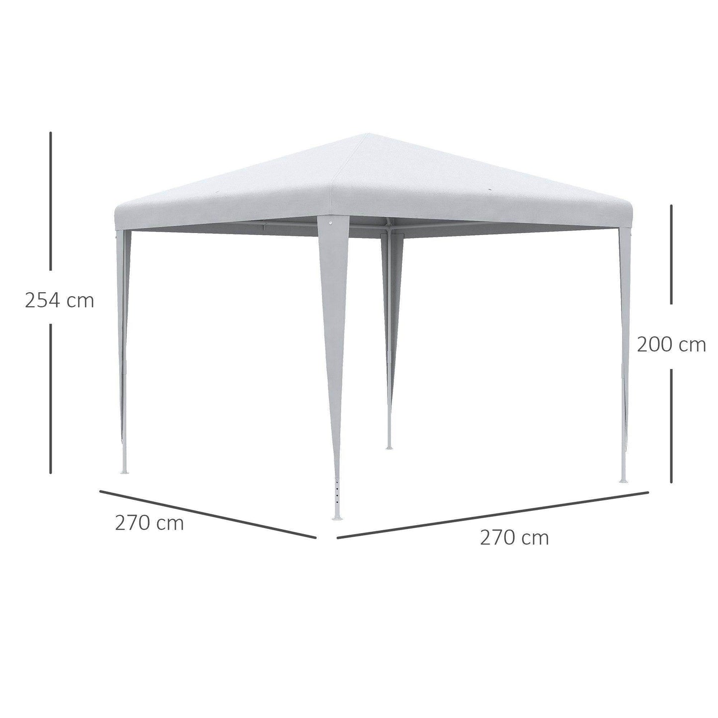 White 2.7m x 2.7m garden gazebo with metal frame, shown with height dimensions
