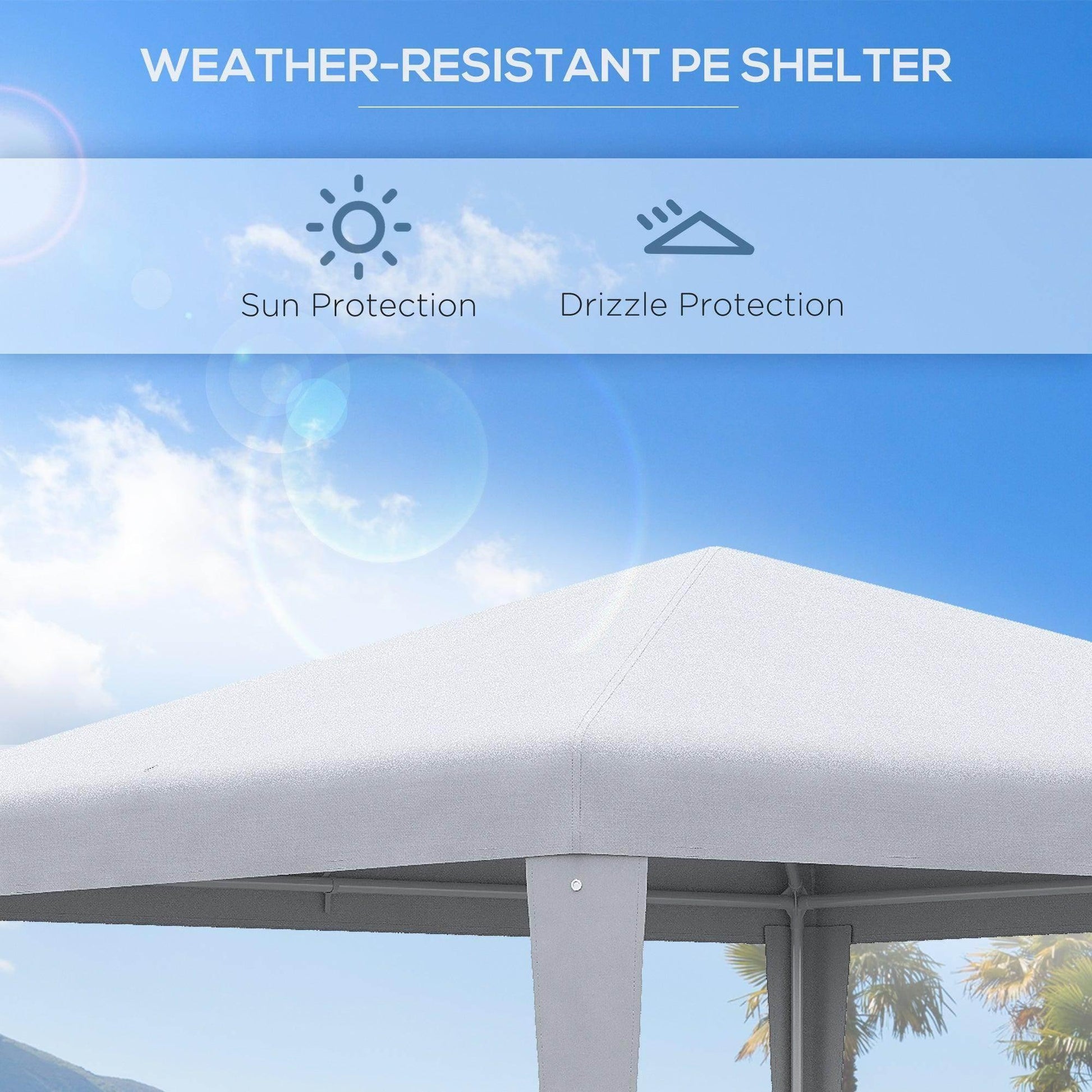 White garden gazebo with weather-resistant PE canopy, sun and drizzle protection, outdoor setting
