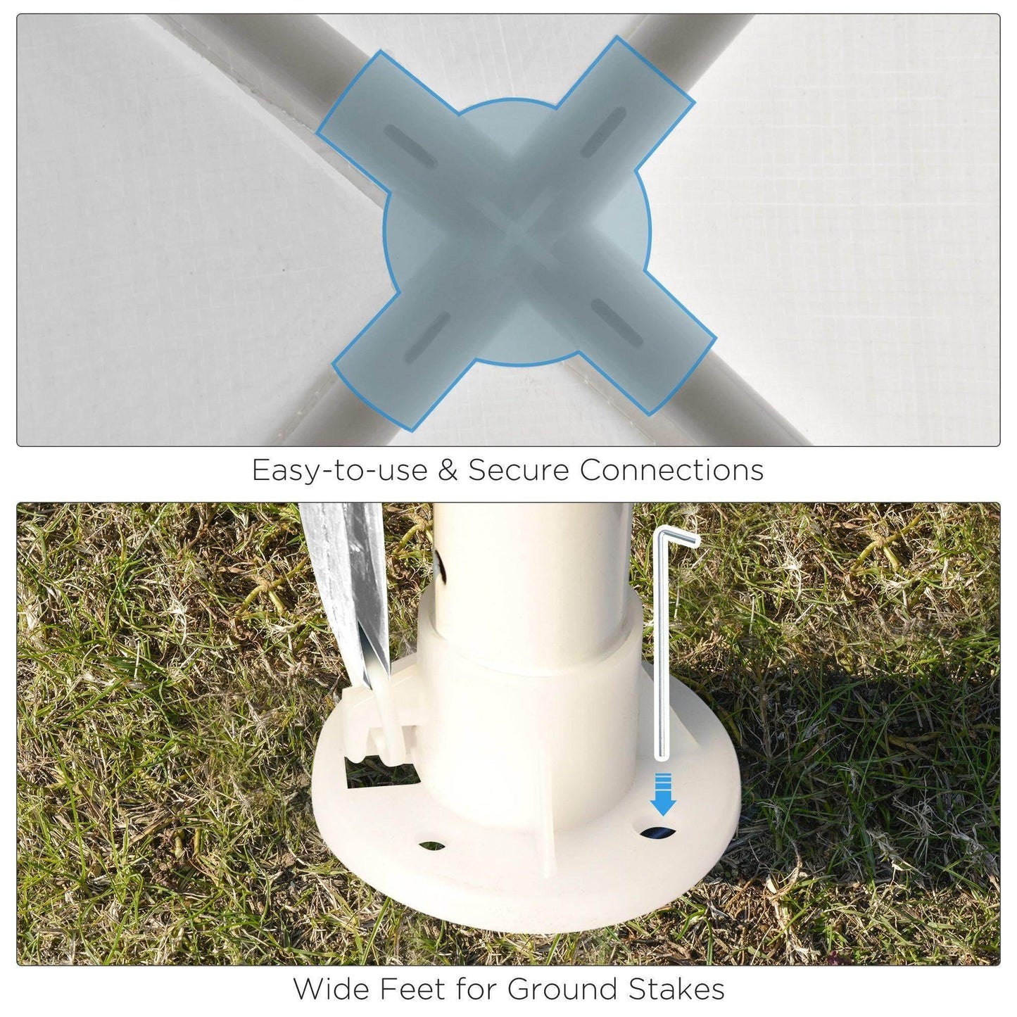 Detail of white garden gazebo pole connections and wide feet for ground stakes on grass