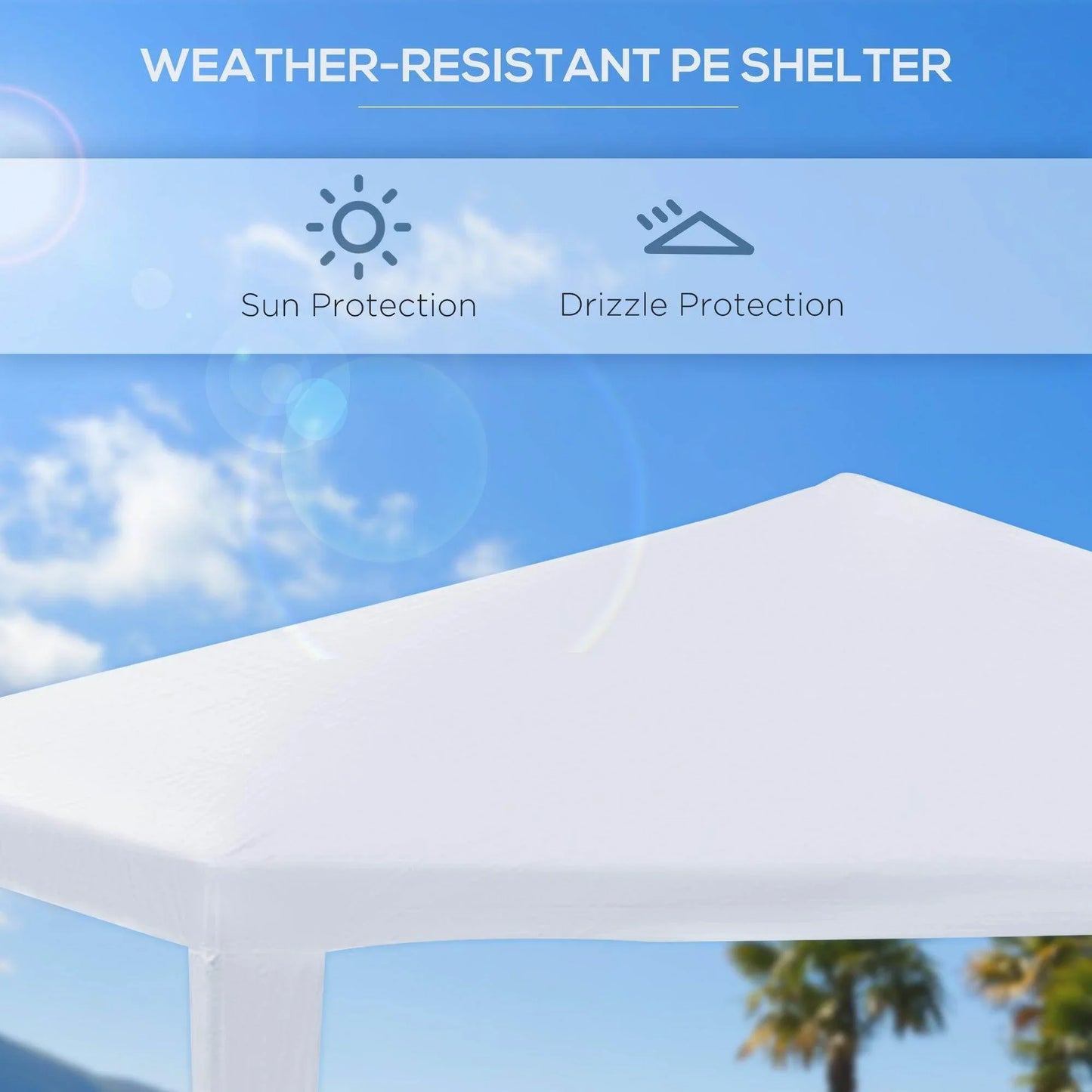 White garden gazebo with weather-resistant PE shelter, sun and drizzle protection, outdoor setting