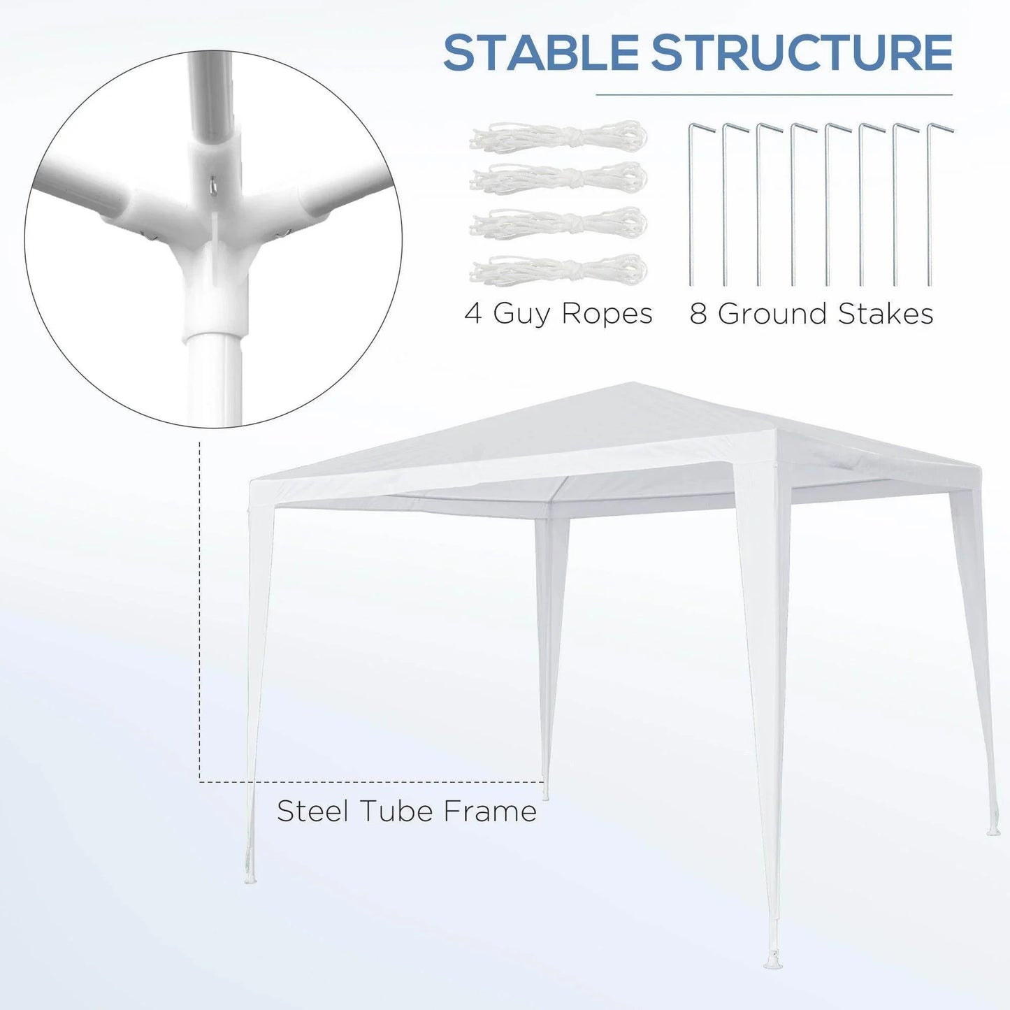 White 2.7m garden gazebo with steel tube frame, guy ropes and ground stakes, ALL4U RETAILER LTD