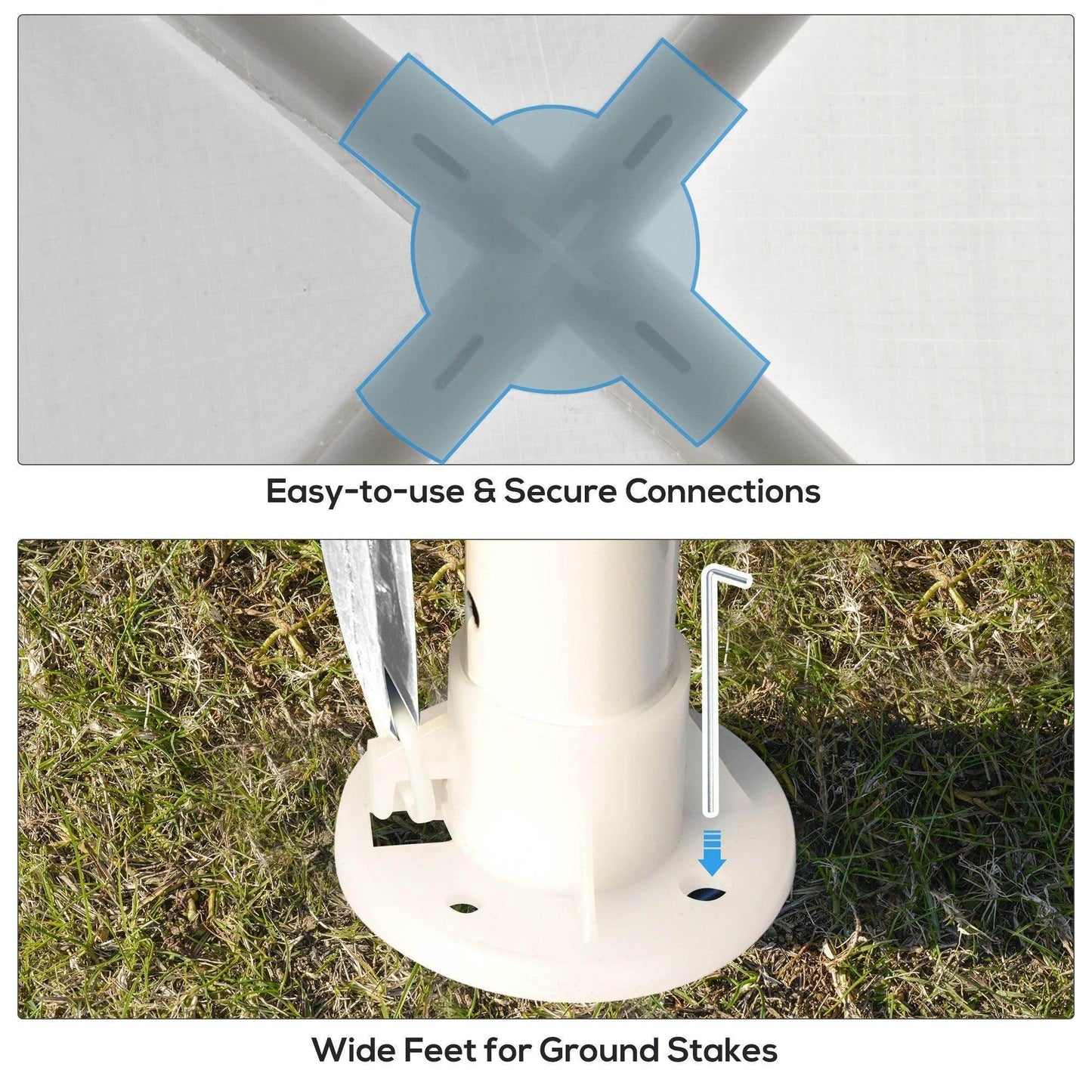 Close-up of Outsunny white garden gazebo connections and wide feet for secure ground staking.