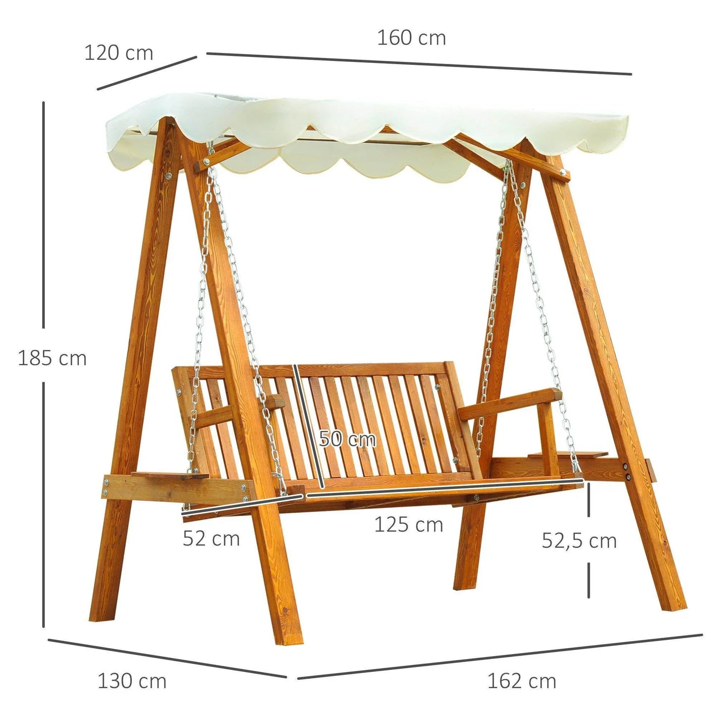 Wooden 2-seater garden swing seat with cream canopy, metal chains, and detailed measurements.