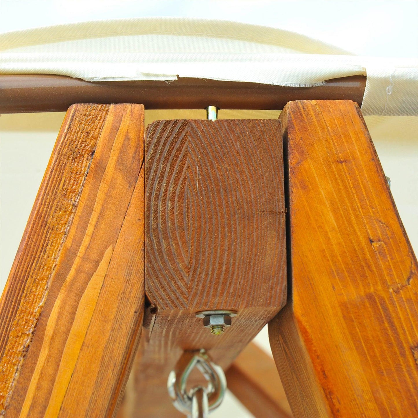 Close-up of Outsunny 2-seater garden swing sturdy wooden frame and metal hardware