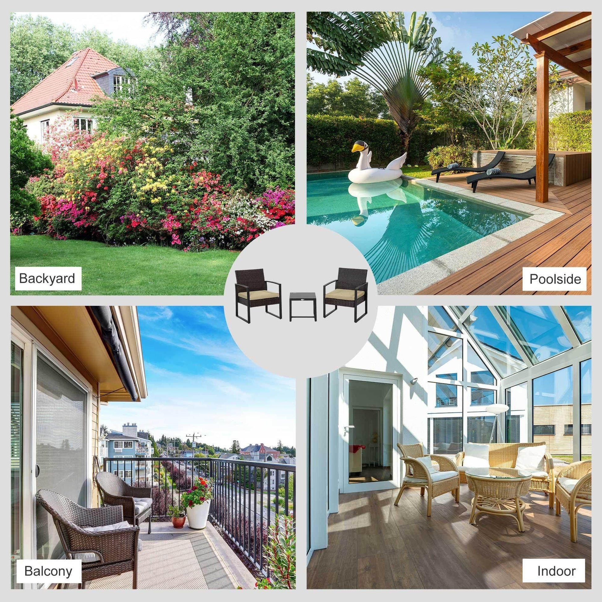 Outsunny 3-Piece Patio Bistro Set with Coffee Table - Beige - ALL4U RETAILER LTD