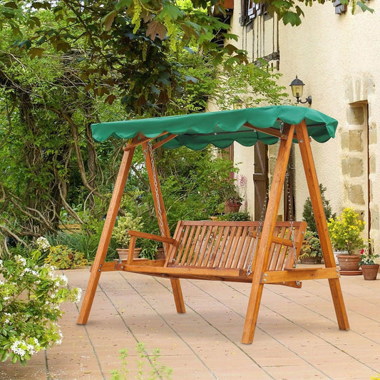 Wooden garden swing bench with green canopy on patio, outdoor seating by ALL4U RETAILER LTD
