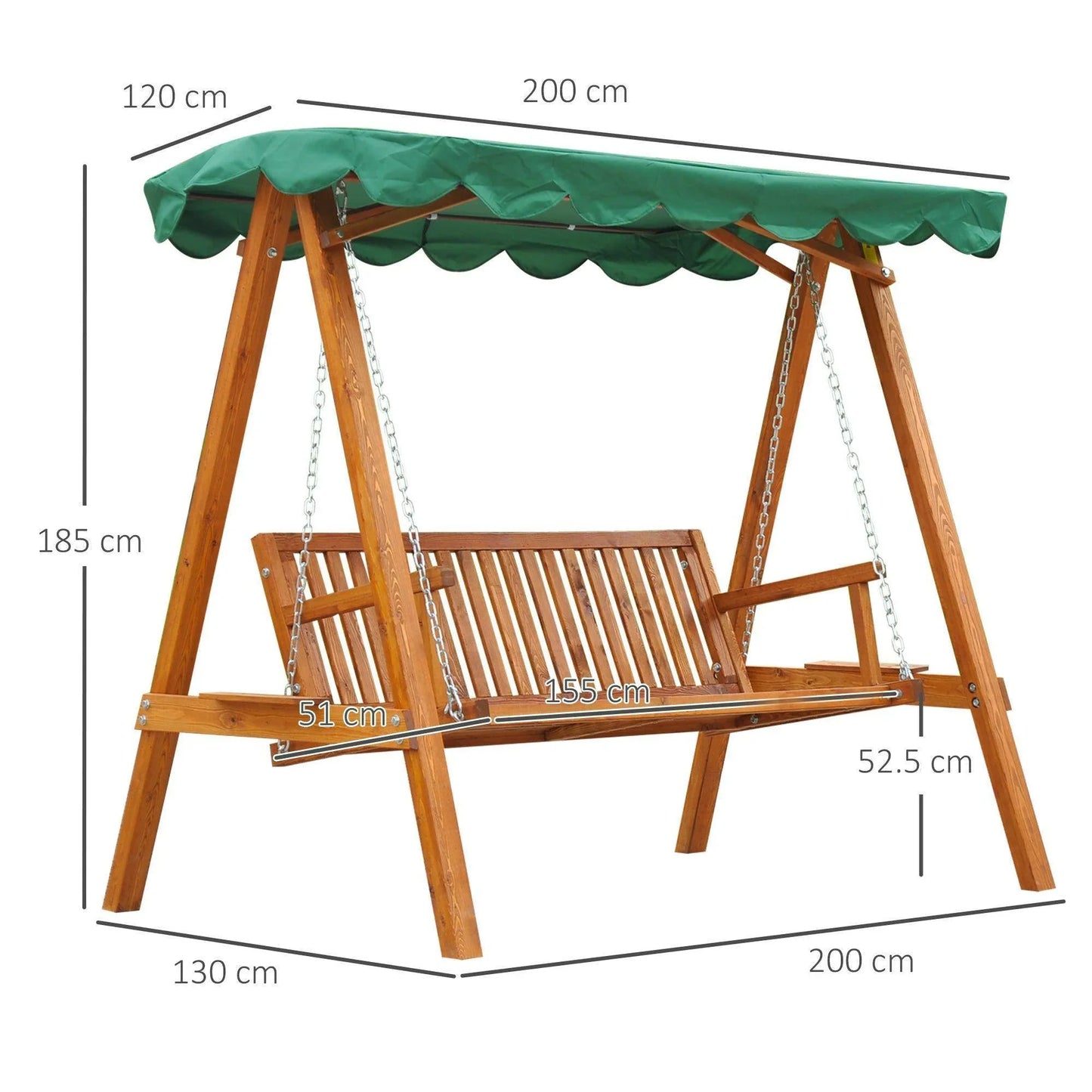 Outsunny 3-seater wooden garden swing chair with green canopy, dimensions labeled, home and garden furniture from ALL4U RETAILER LTD.