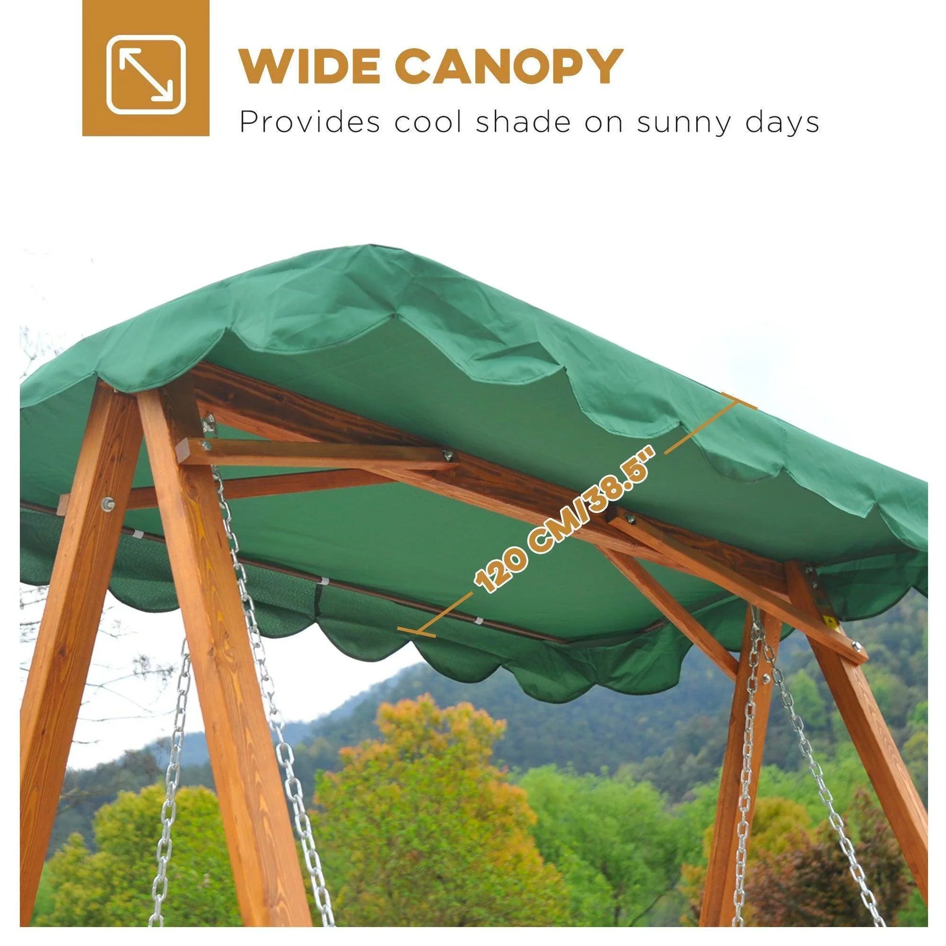 Wooden garden swing bench with wide green canopy, outdoor setting, ALL4U RETAILER LTD home garden furniture.