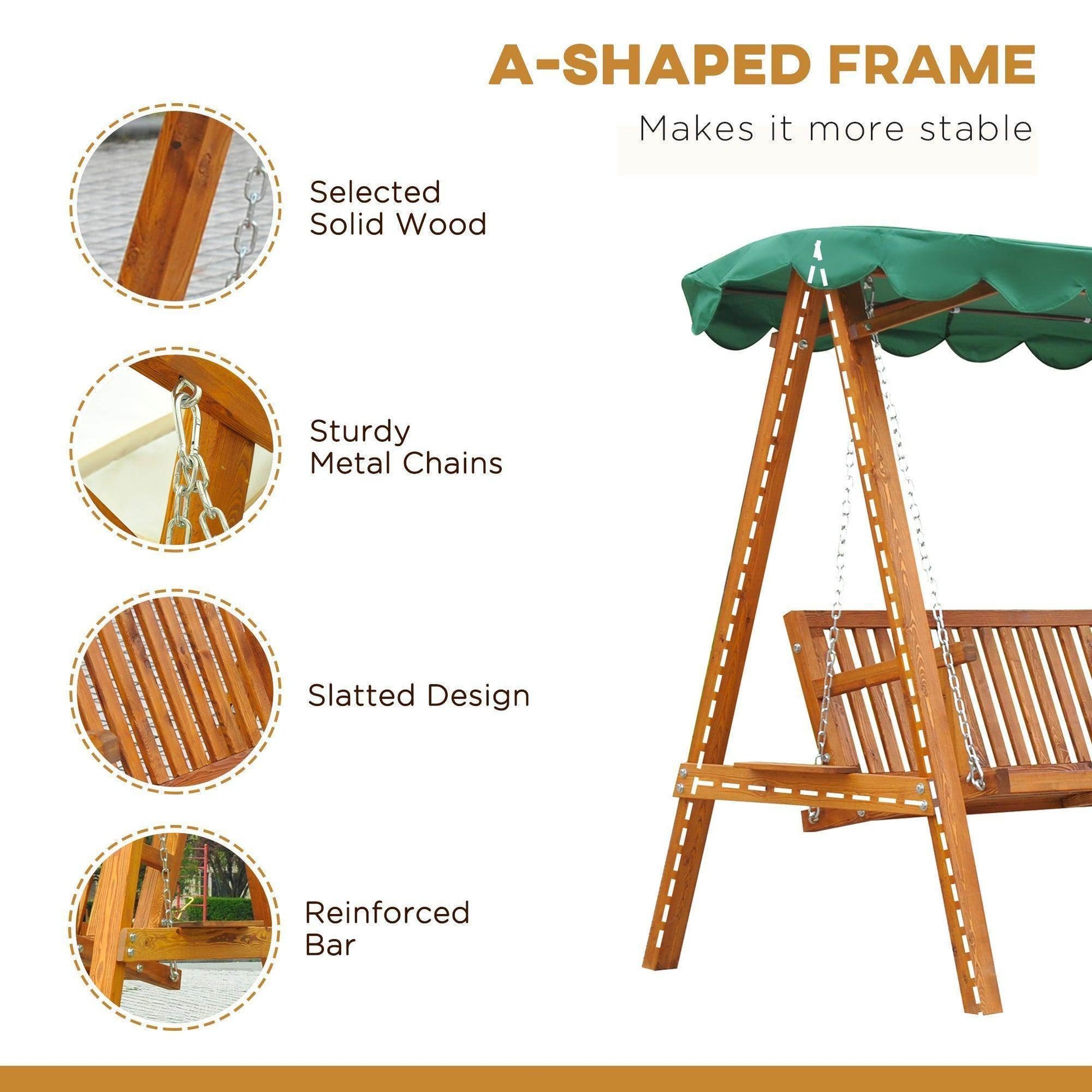 Outsunny 3-seater wooden garden swing chair with green canopy, A-frame, sturdy metal chains, and slatted bench design from ALL4U RETAILER LTD.
