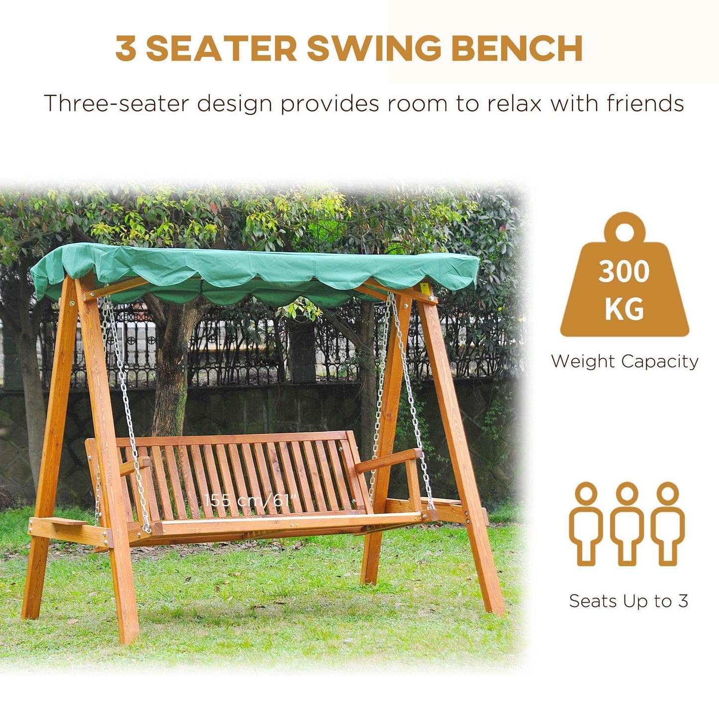Outdoor wooden 3-seater garden swing bench with green canopy, available at ALL4U RETAILER LTD