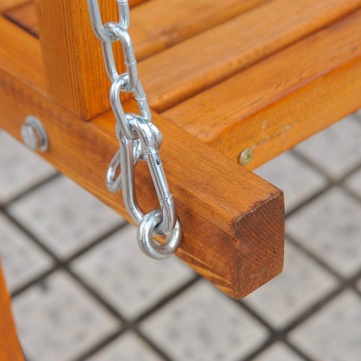Detail of sturdy metal chain and hardware securing wooden garden swing bench