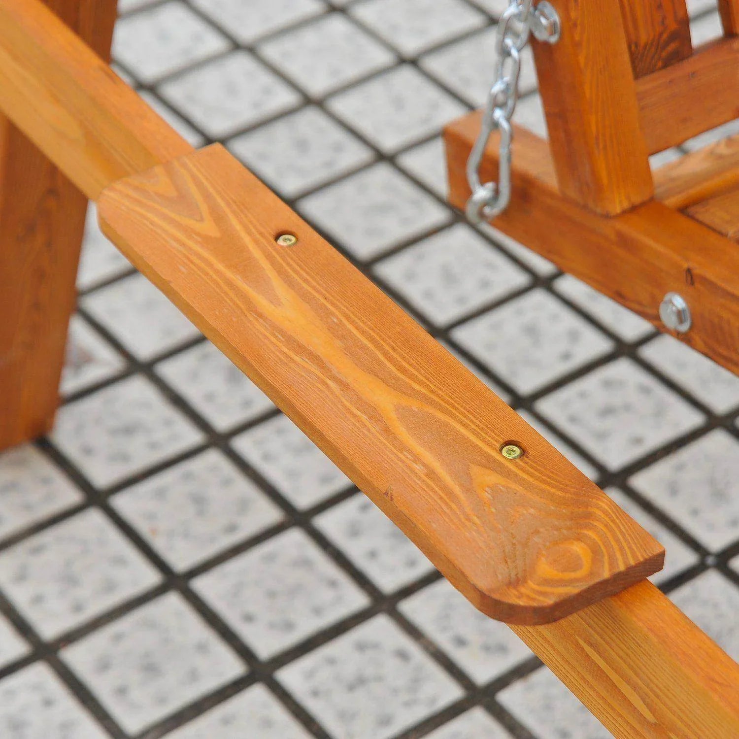 Wooden frame detail of Outsunny 3-seater garden swing chair on tiled patio