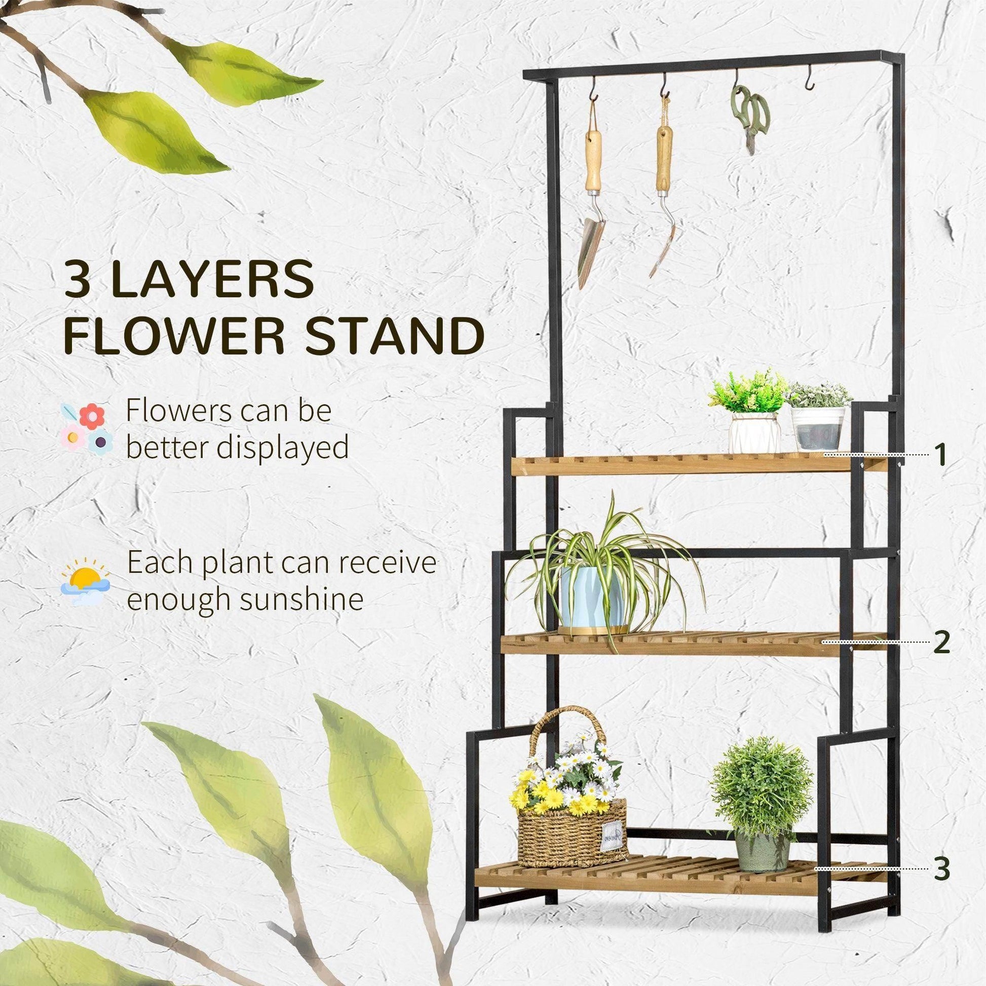 Outsunny 3-Tier Plant Stand with Hooks - ALL4U RETAILER LTD