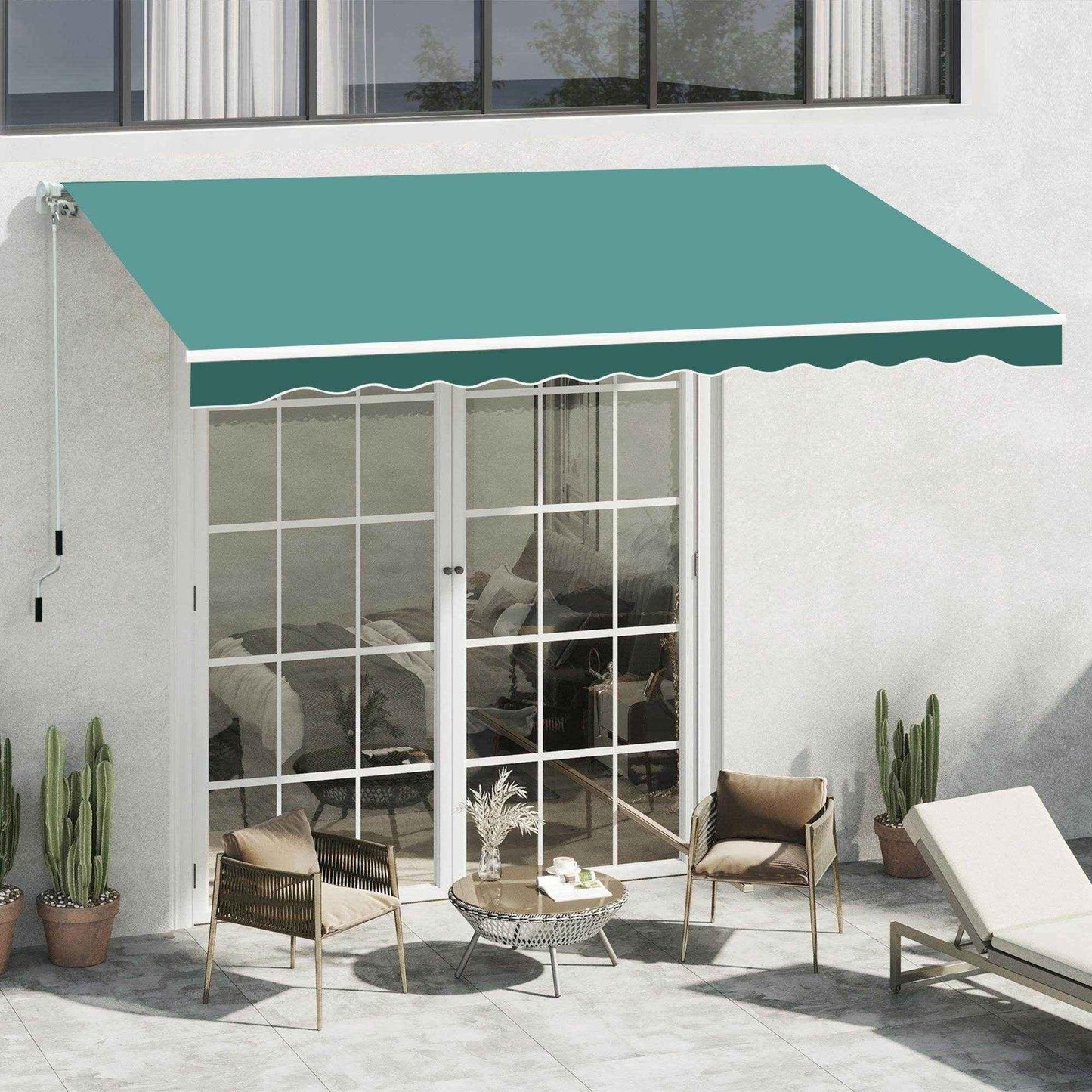 Green manual awning with winding handle over patio door, outdoor seating and potted cacti, home garden shade
