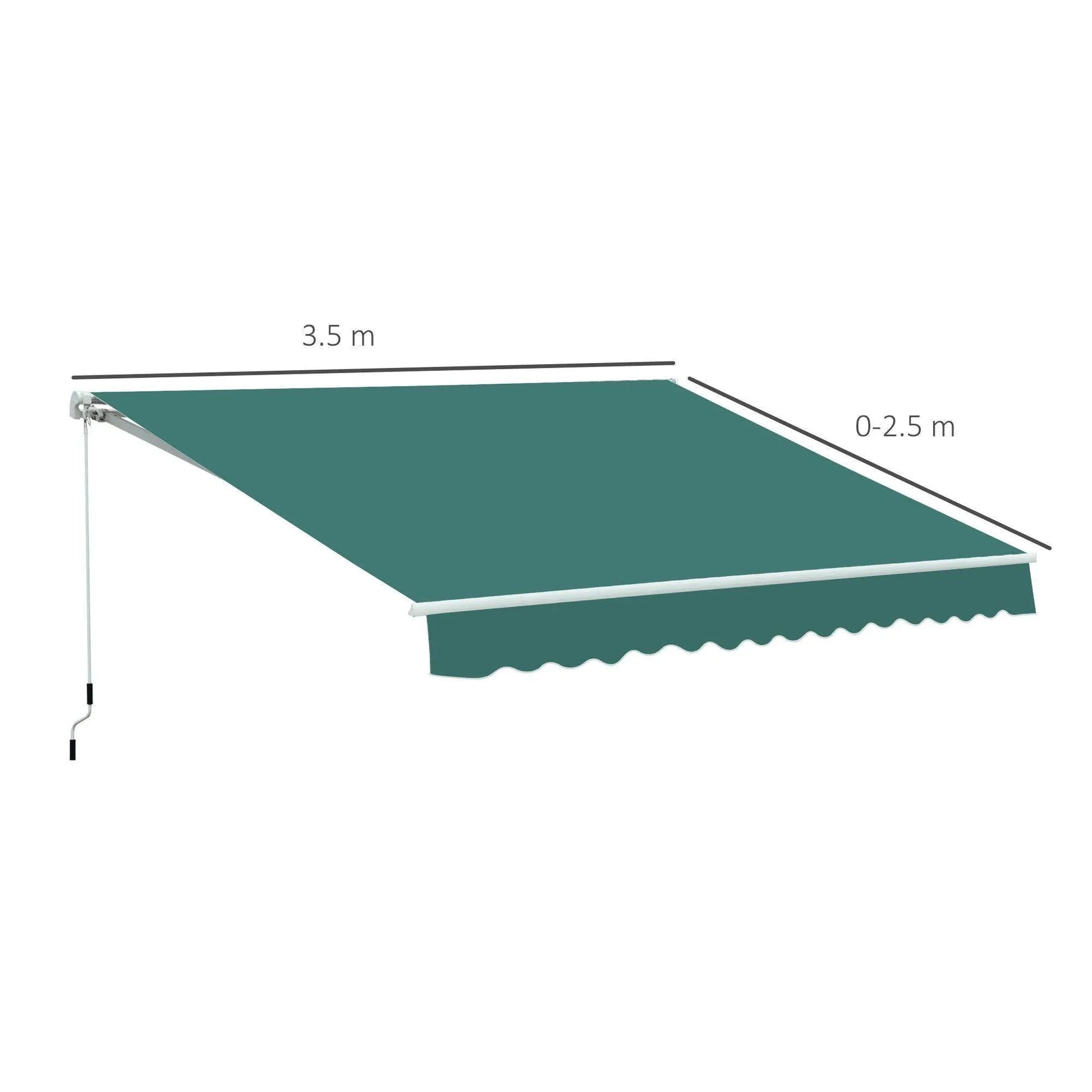 Green manual outdoor awning with winding handle, measuring 3.5m by 0-2.5m, for home and garden shade