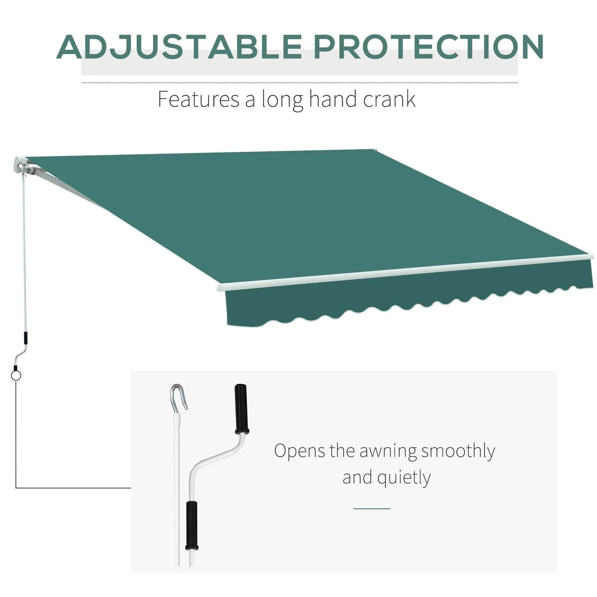 Green manual outdoor awning with scalloped edge and long hand crank for smooth adjustable protection