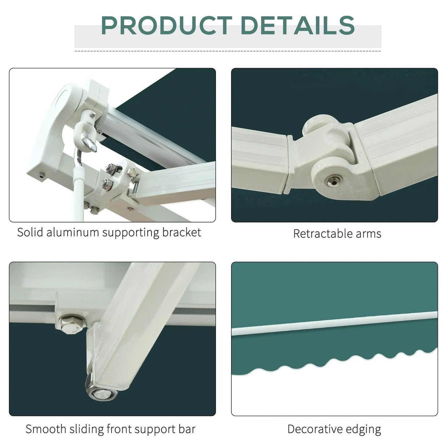 Close-up details of green outdoor manual awning with aluminum brackets, retractable arms, and decorative edging