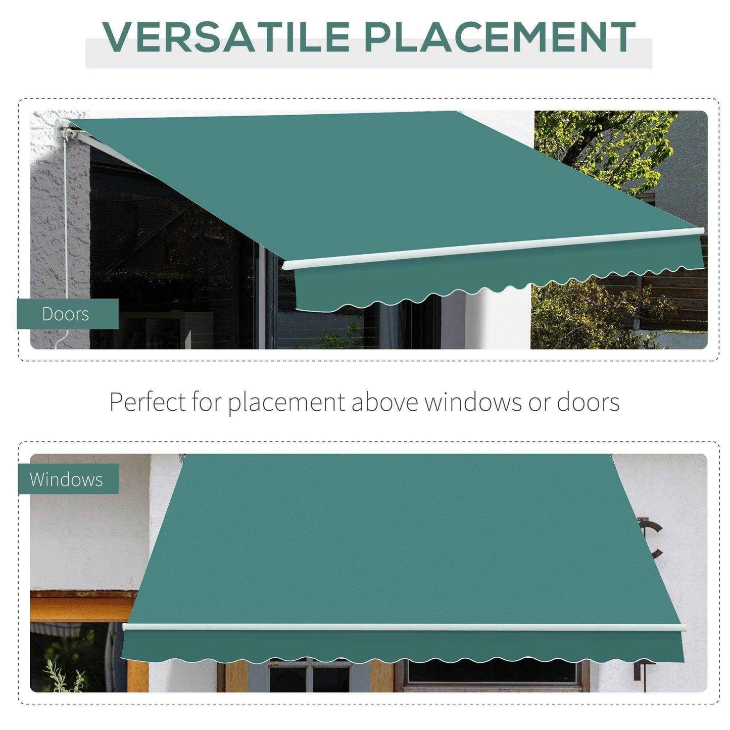 Green manual awning with winding handle mounted above doors and windows for shade