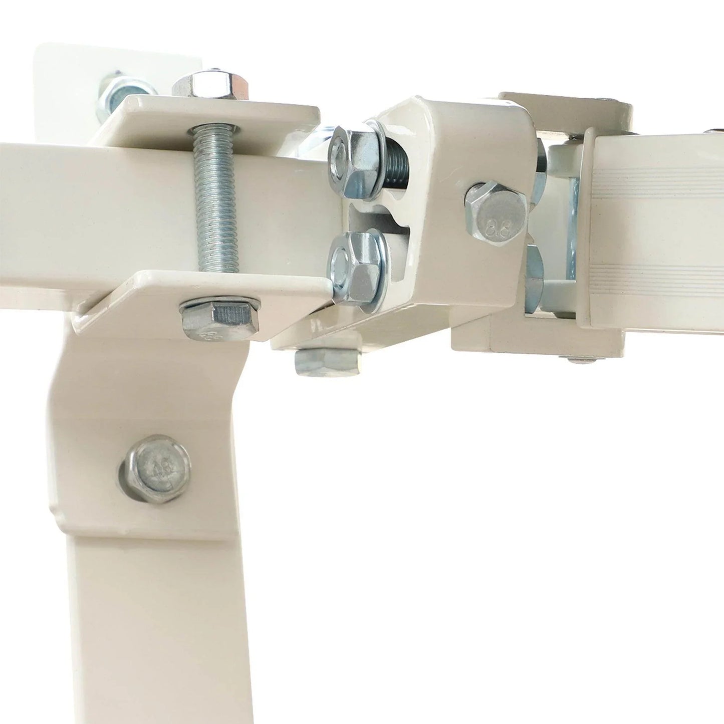 Close-up of white metal bracket with bolts and screws for manual awning support mechanism