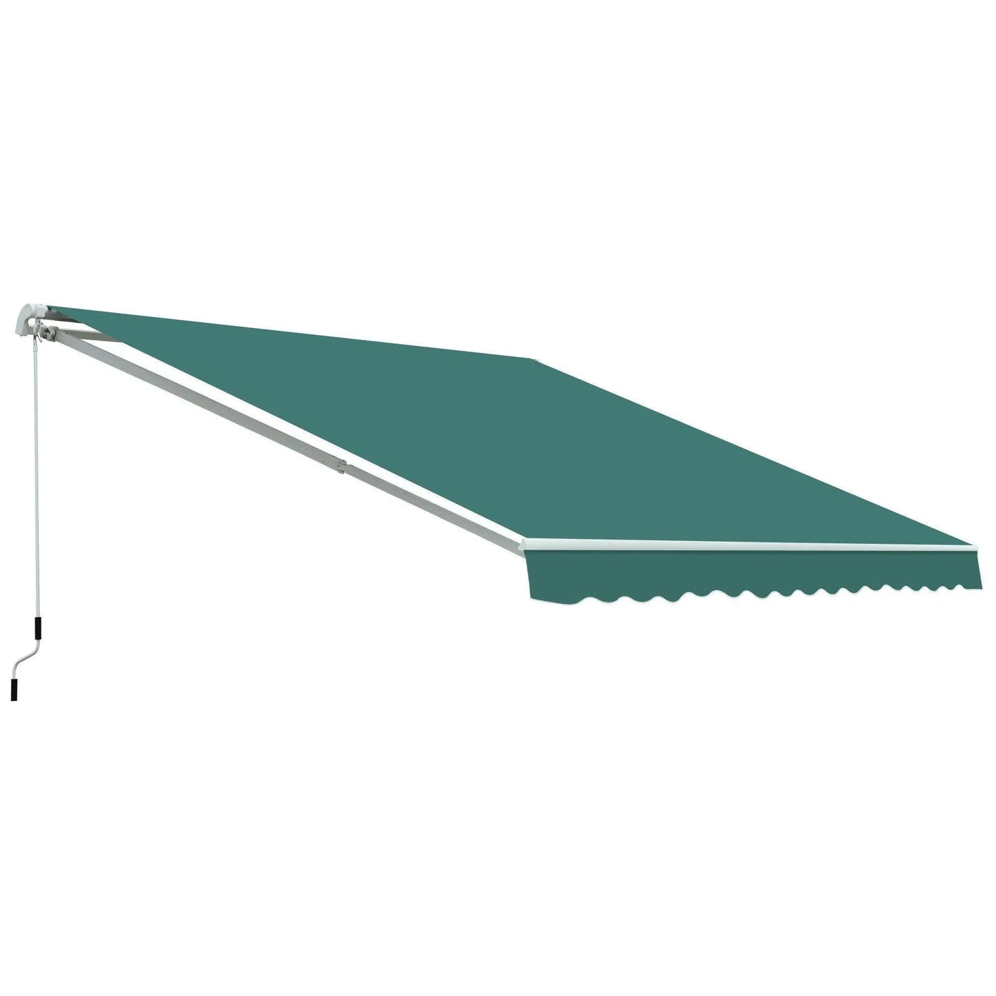 Green manual wall-mounted retractable awning with winding handle and white frame