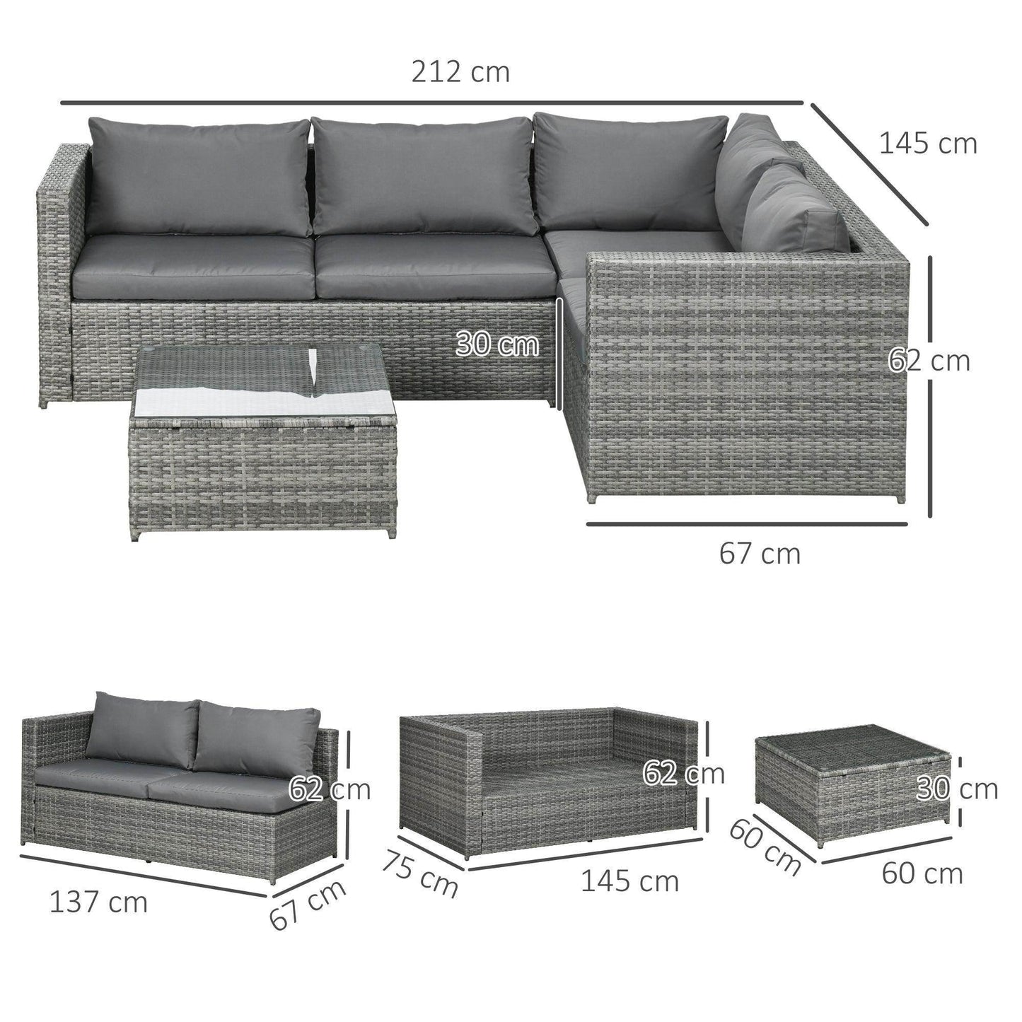 Outsunny 3 Pieces Rattan Garden Furniture 4 Seater Outdoor Patio Corner Sofa Chair Set with Coffee Table Thick Cushions Grey - ALL4U RETAILER LTD