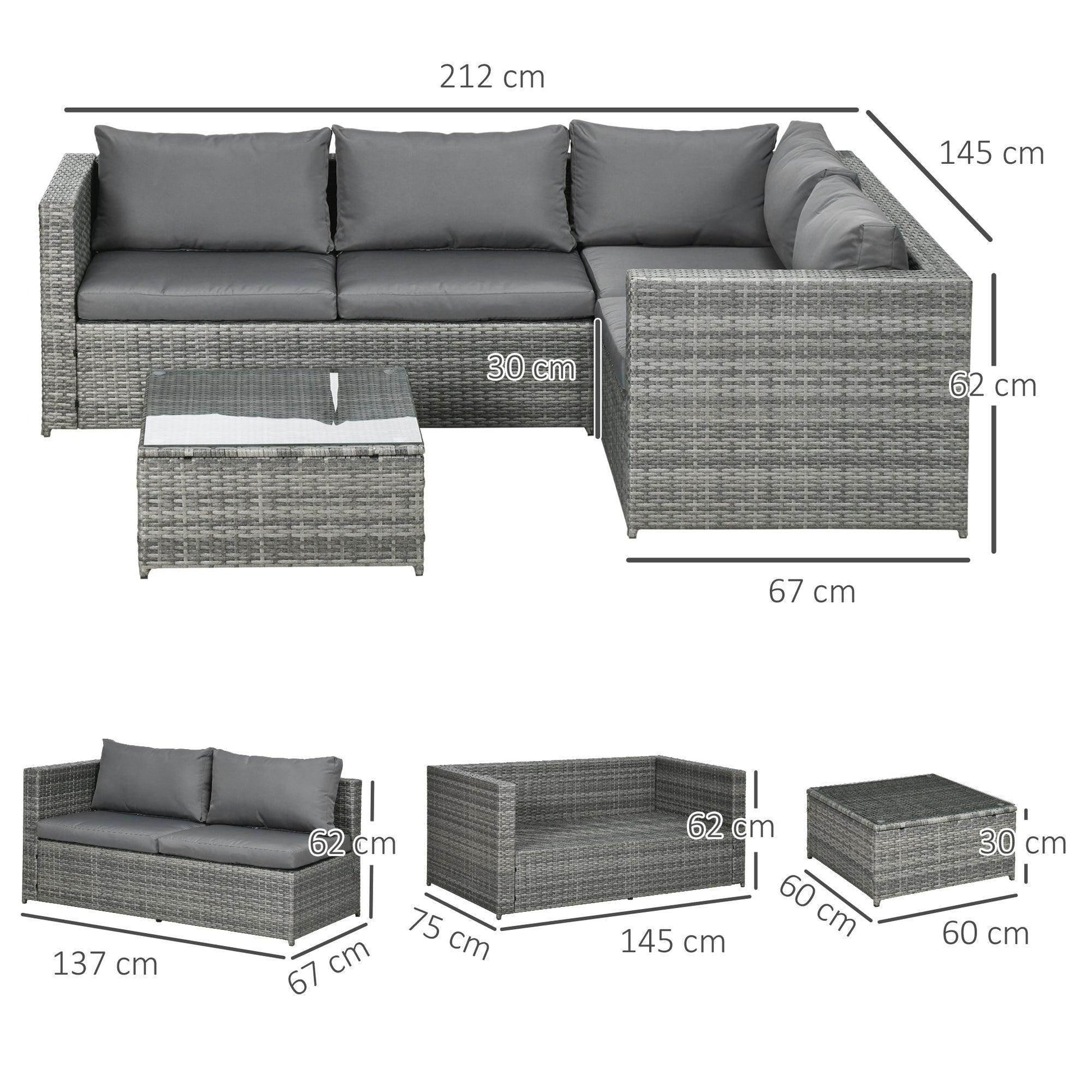 Outsunny 3 Pieces Rattan Garden Furniture 4 Seater Outdoor Patio Corner Sofa Chair Set with Coffee Table Thick Cushions Grey - ALL4U RETAILER LTD