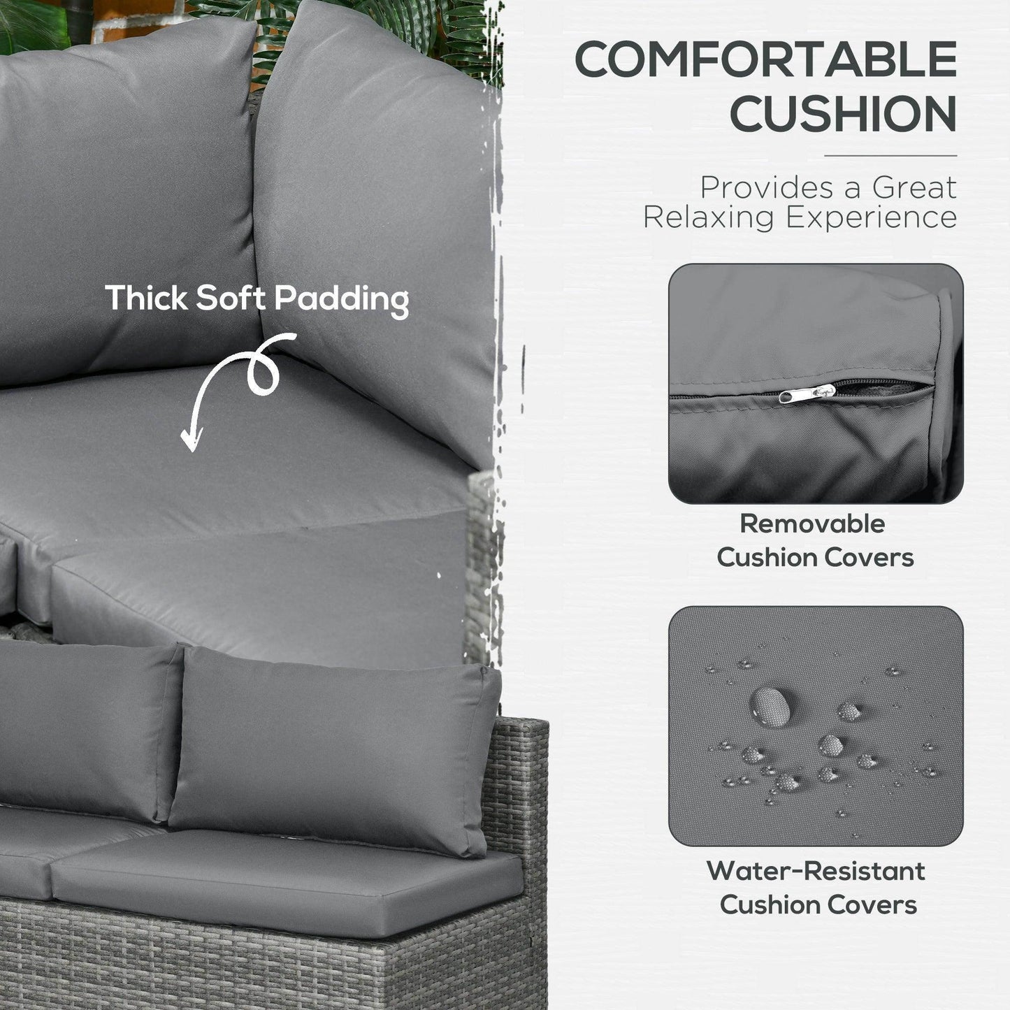 Outsunny 3 Pieces Rattan Garden Furniture 4 Seater Outdoor Patio Corner Sofa Chair Set with Coffee Table Thick Cushions Grey - ALL4U RETAILER LTD