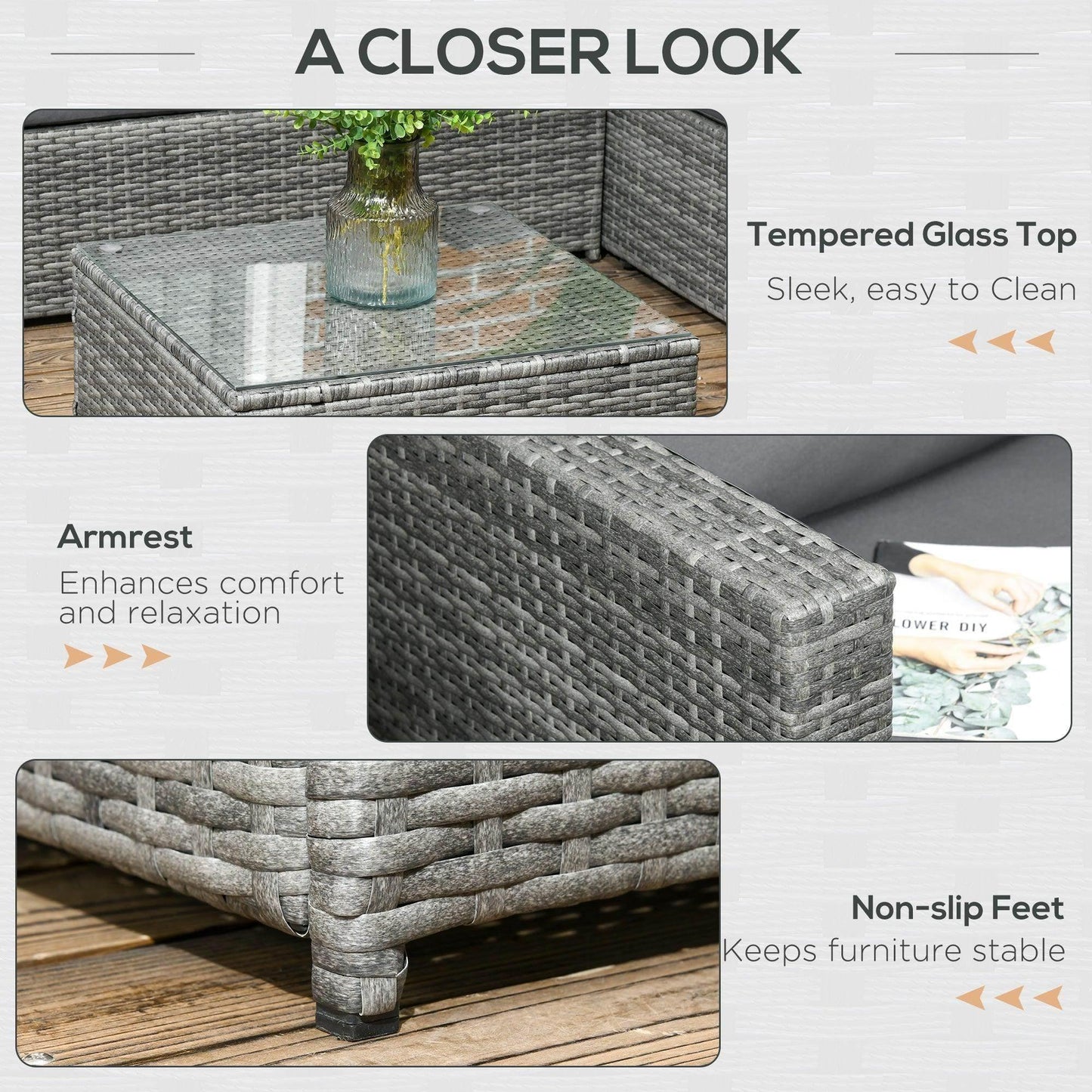 Outsunny 3 Pieces Rattan Garden Furniture 4 Seater Outdoor Patio Corner Sofa Chair Set with Coffee Table Thick Cushions Grey - ALL4U RETAILER LTD