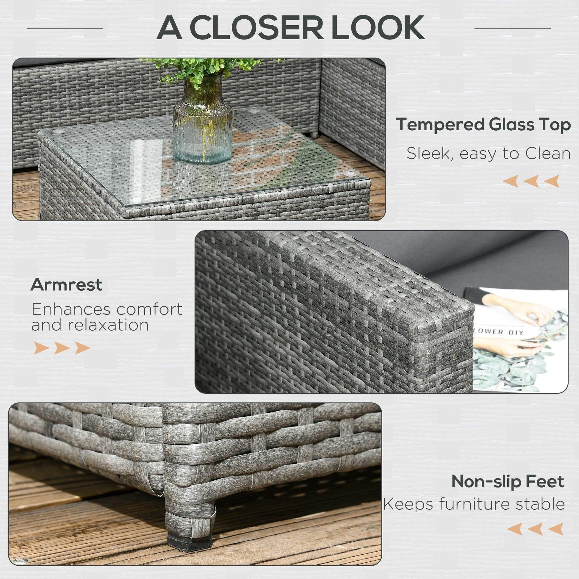 Outsunny 3 Pieces Rattan Garden Furniture 4 Seater Outdoor Patio Corner Sofa Chair Set with Coffee Table Thick Cushions Grey - ALL4U RETAILER LTD