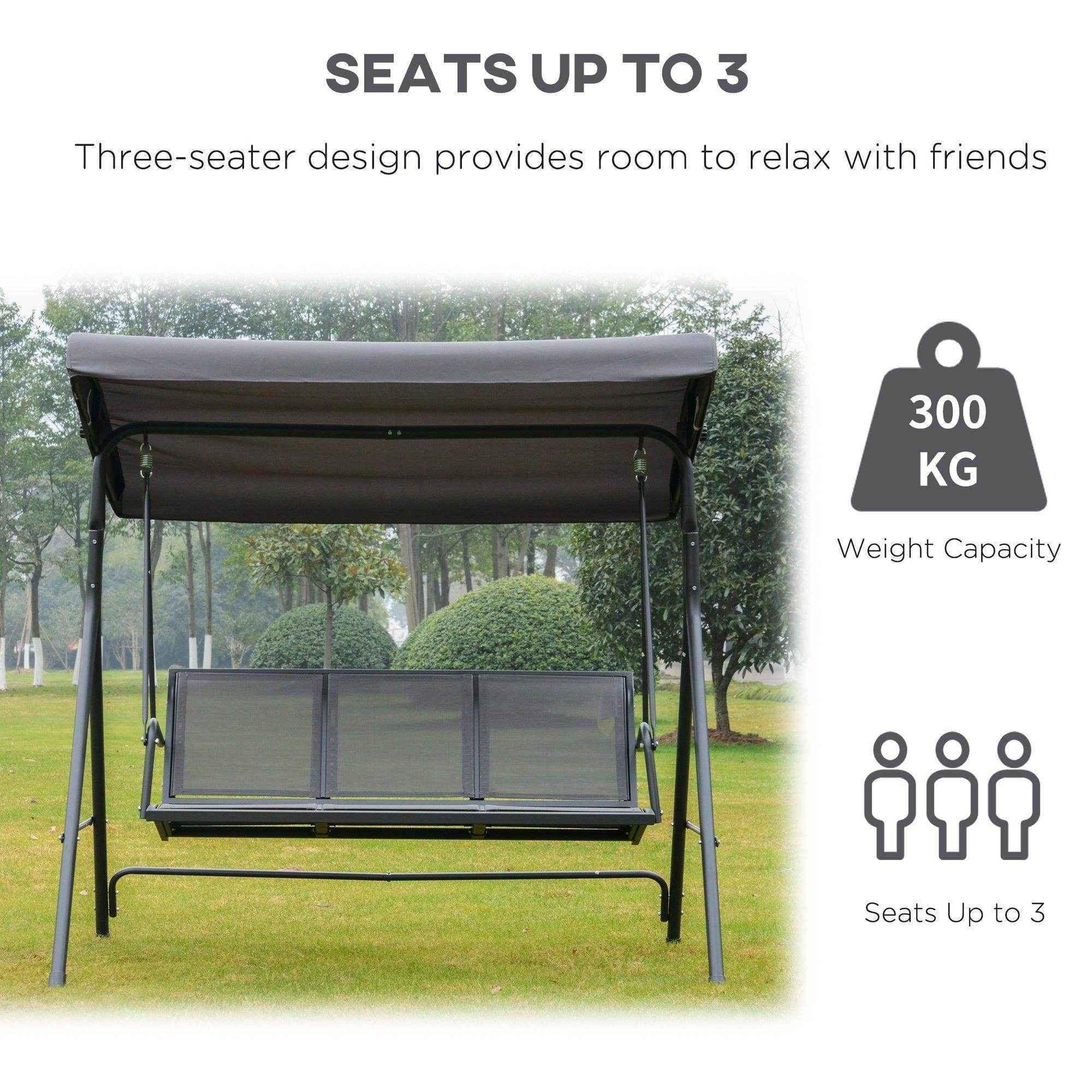 Grey three-seater garden swing chair with canopy on green lawn, seats up to 3, 300kg capacity