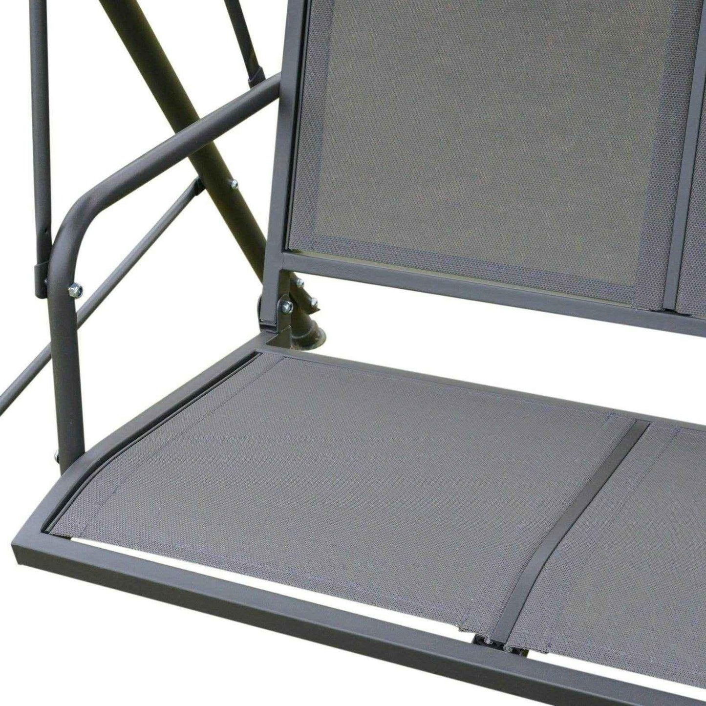 Close-up of grey 3-seater garden swing chair with metal frame and durable mesh fabric seating