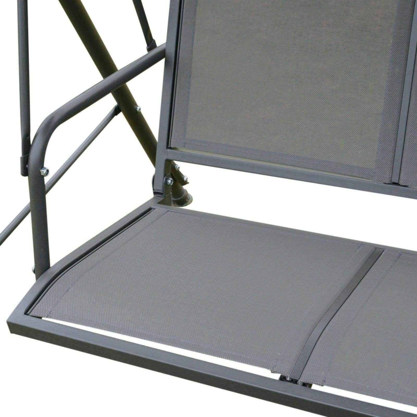Close-up of grey 3-seater garden swing chair with metal frame and durable mesh fabric seating