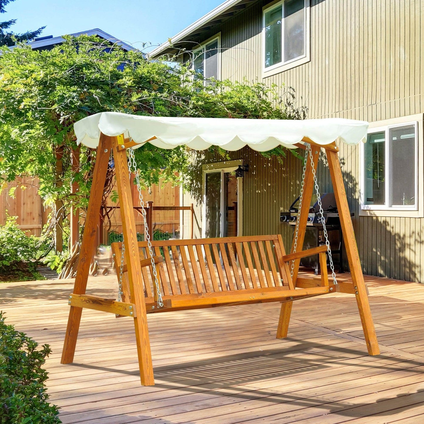 Wooden 3-seater garden swing with cream canopy on a patio, outdoor seating by ALL4U RETAILER LTD