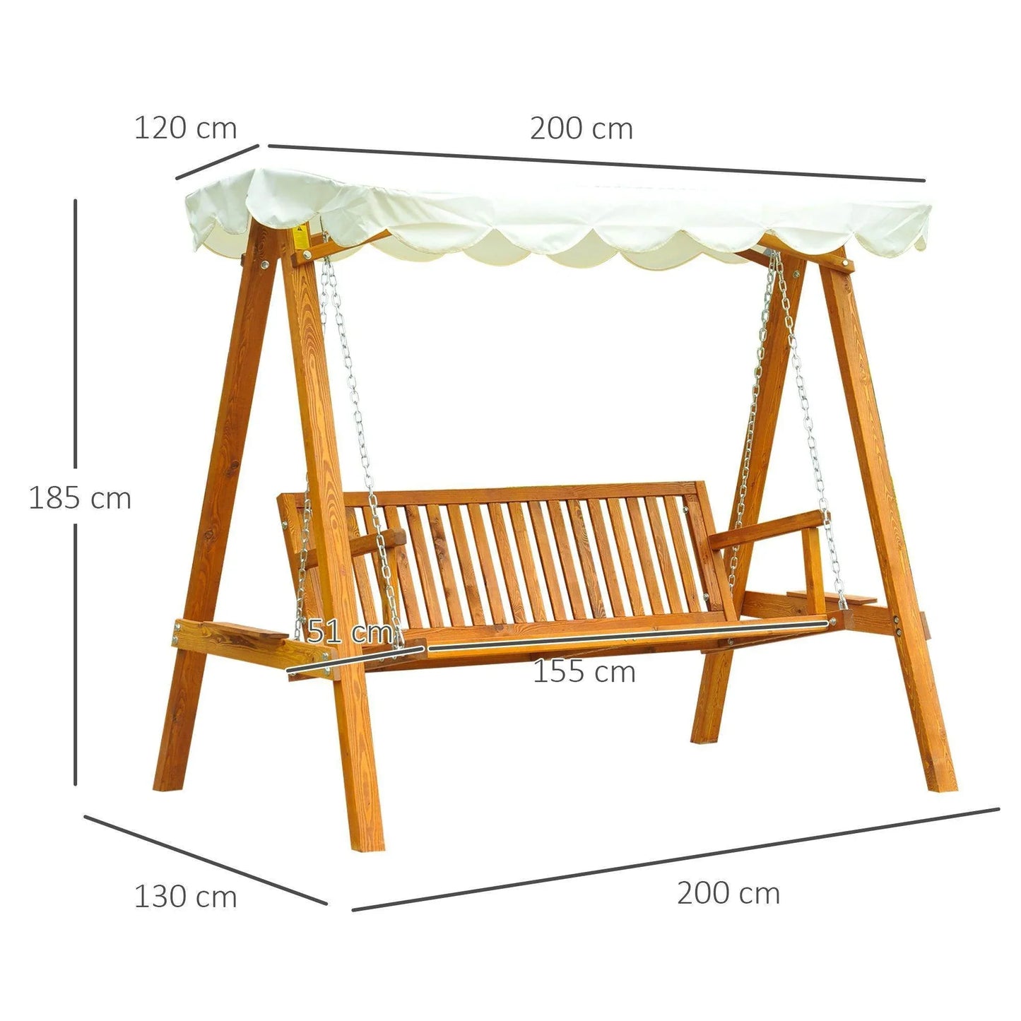 Outsunny 3 seater wooden garden swing seat with cream canopy, shown with dimensions for home and garden use