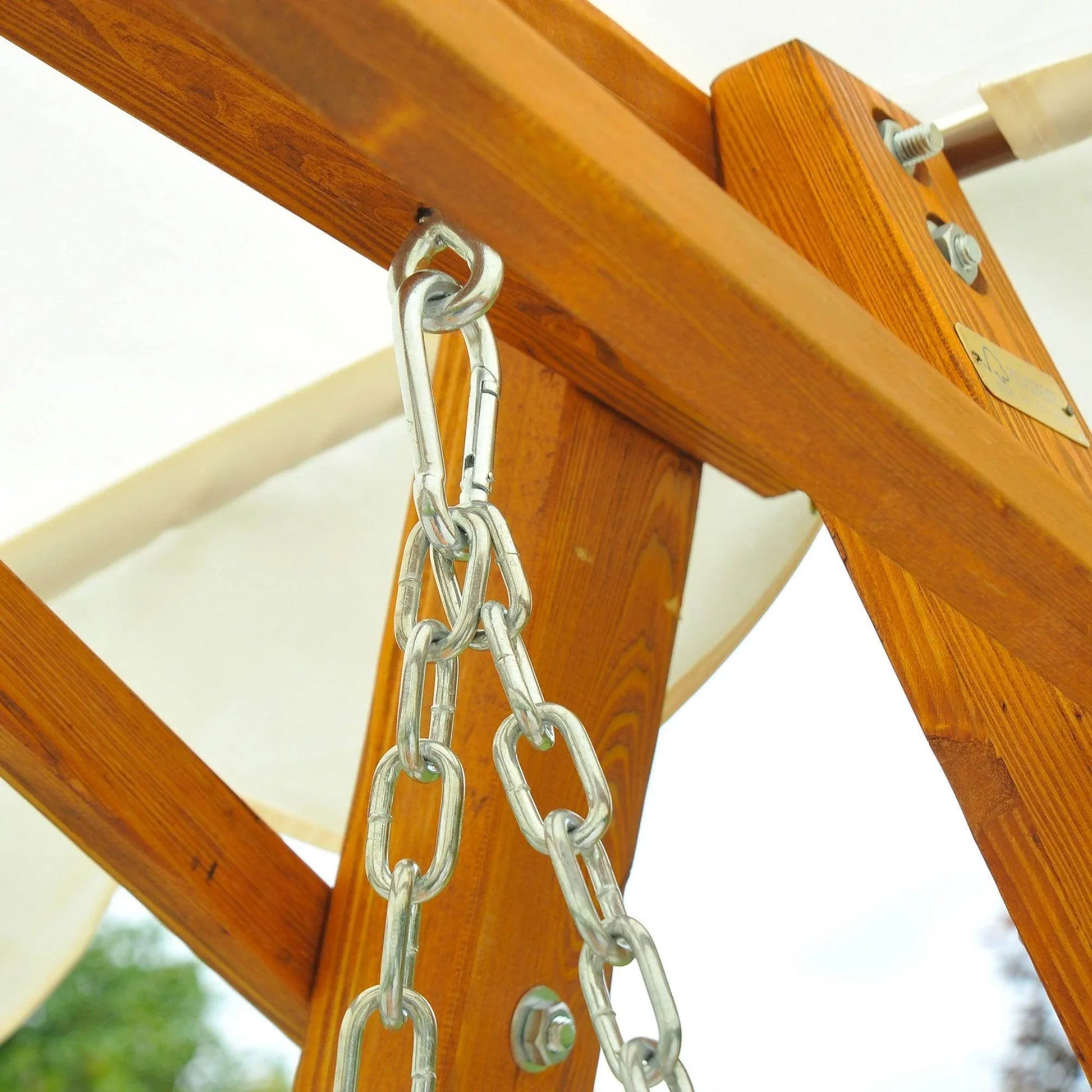 Sturdy metal chain attached to wooden garden swing frame with cream canopy, ALL4U RETAILER product